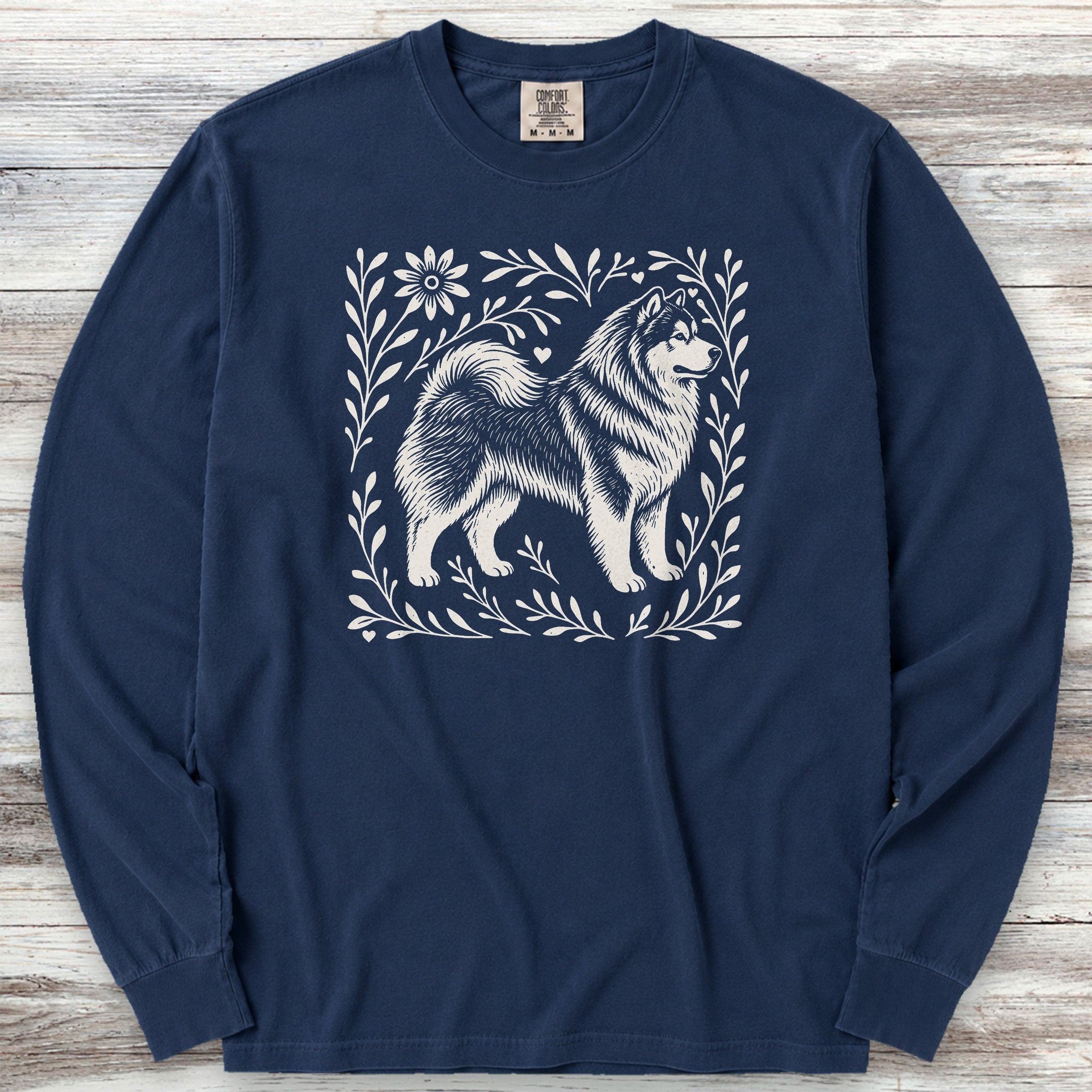 Alaskan Malamute Linocut Long Sleeve Tee - True Navy