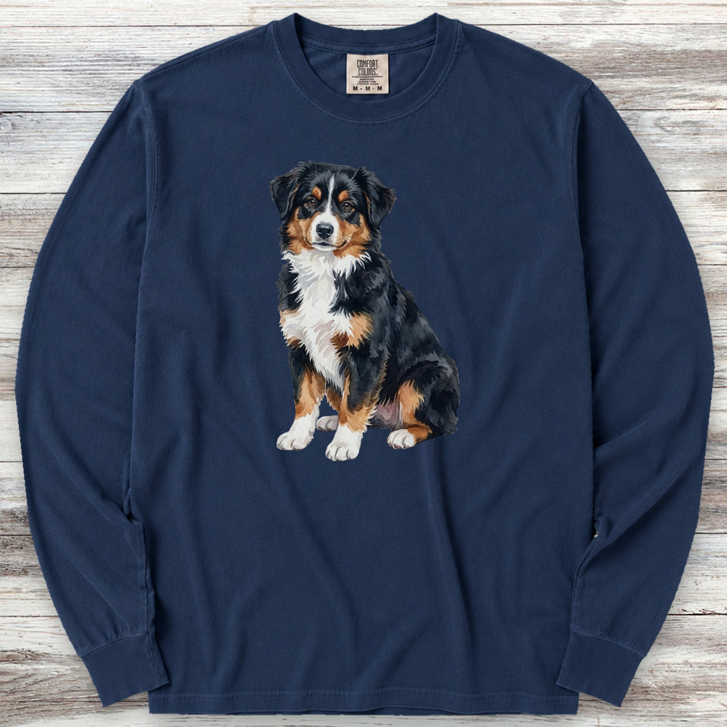 Australian Shepherd Tri Watercolor Long Sleeve Tee - True Navy