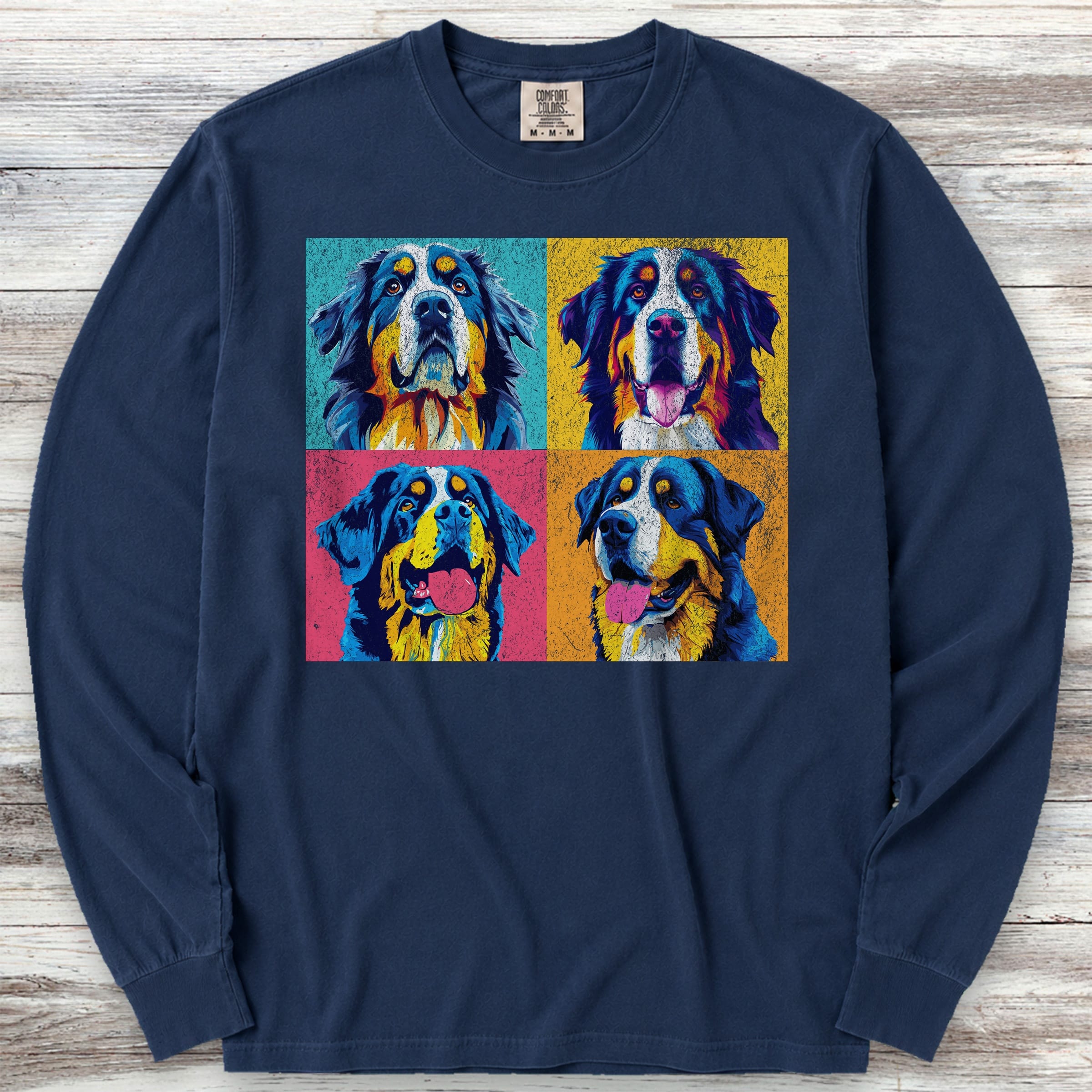 Bernese Mountain Dog Pop Art Long Sleeve Tee - True Navy