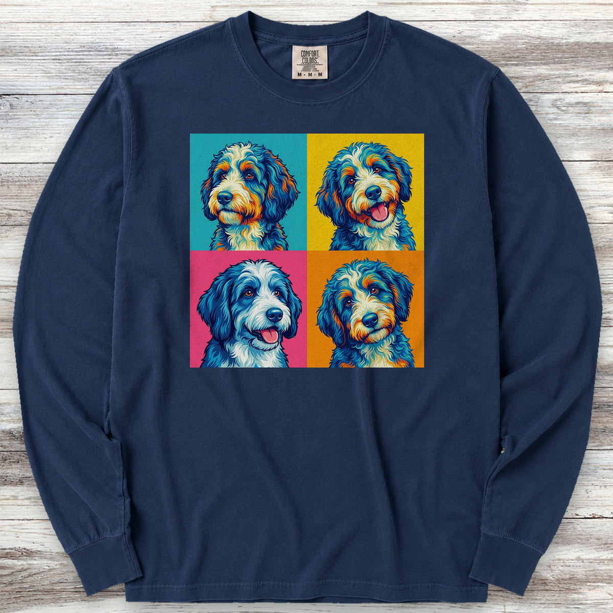 Bernedoodle Pop Art Long Sleeve Tee - True Navy