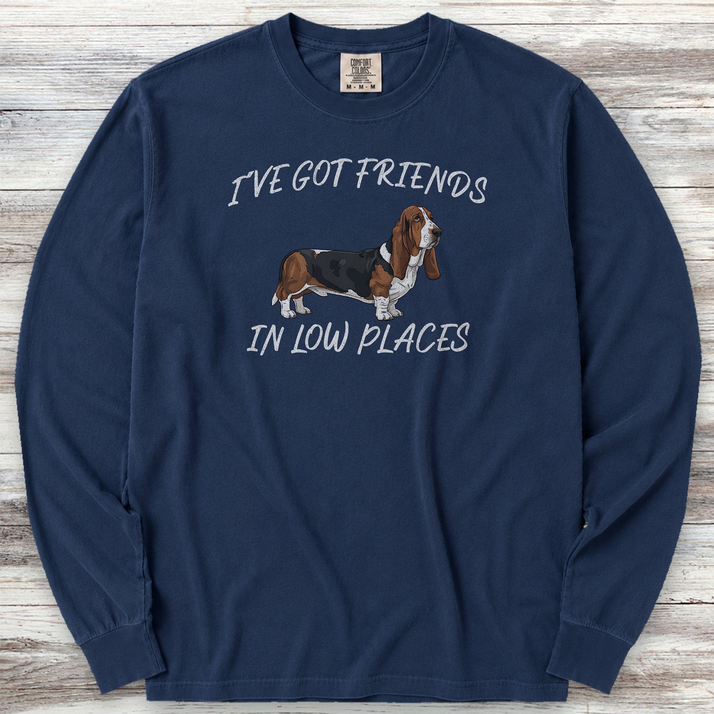 Basset Hound Low Places Long Sleeve Tee - True Navy