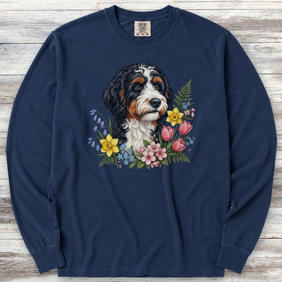 Bernedoodle Spring Portrait Long Sleeve Tee - True Navy