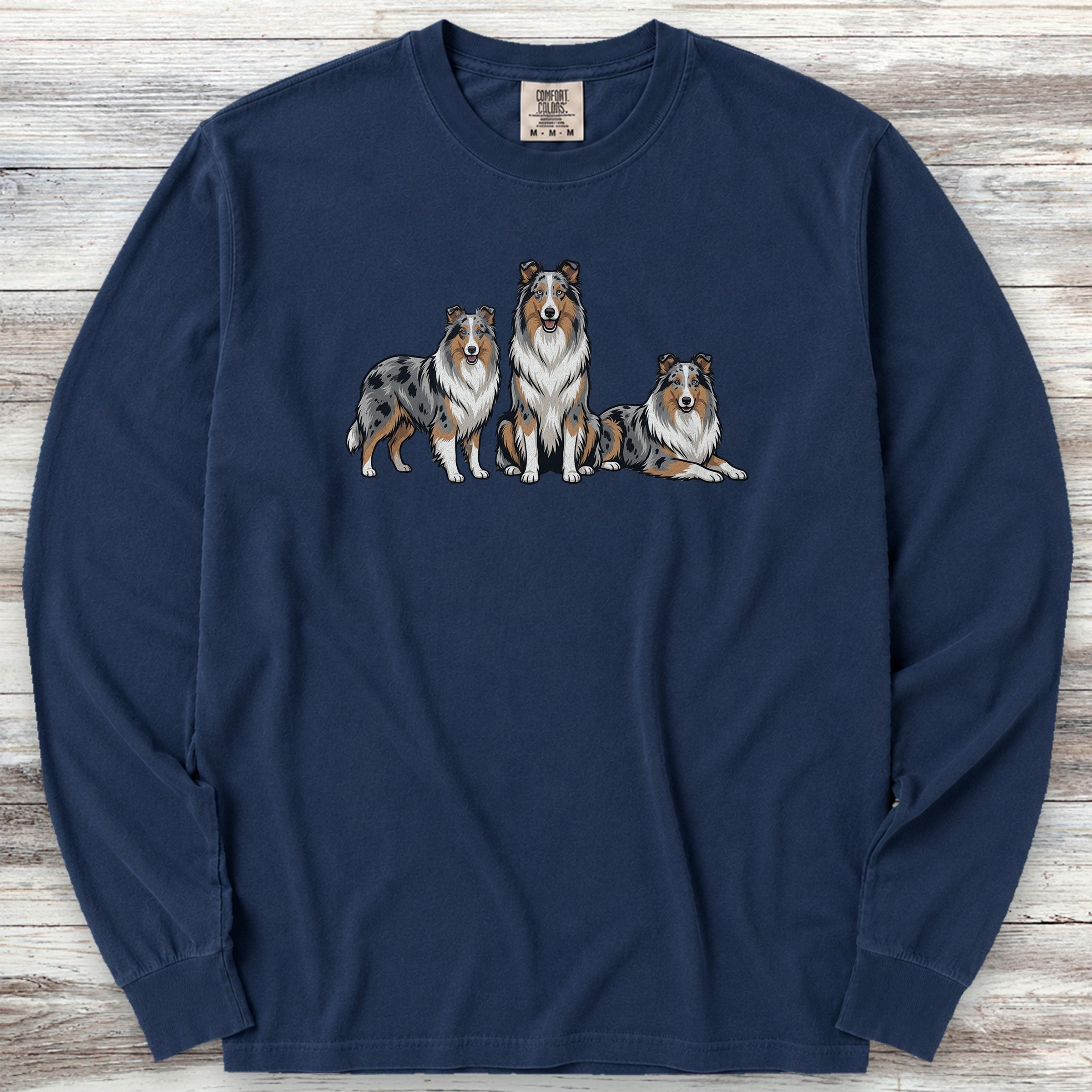 Australian Shepherd Blue Merle Trio Long Sleeve Tee - True Navy