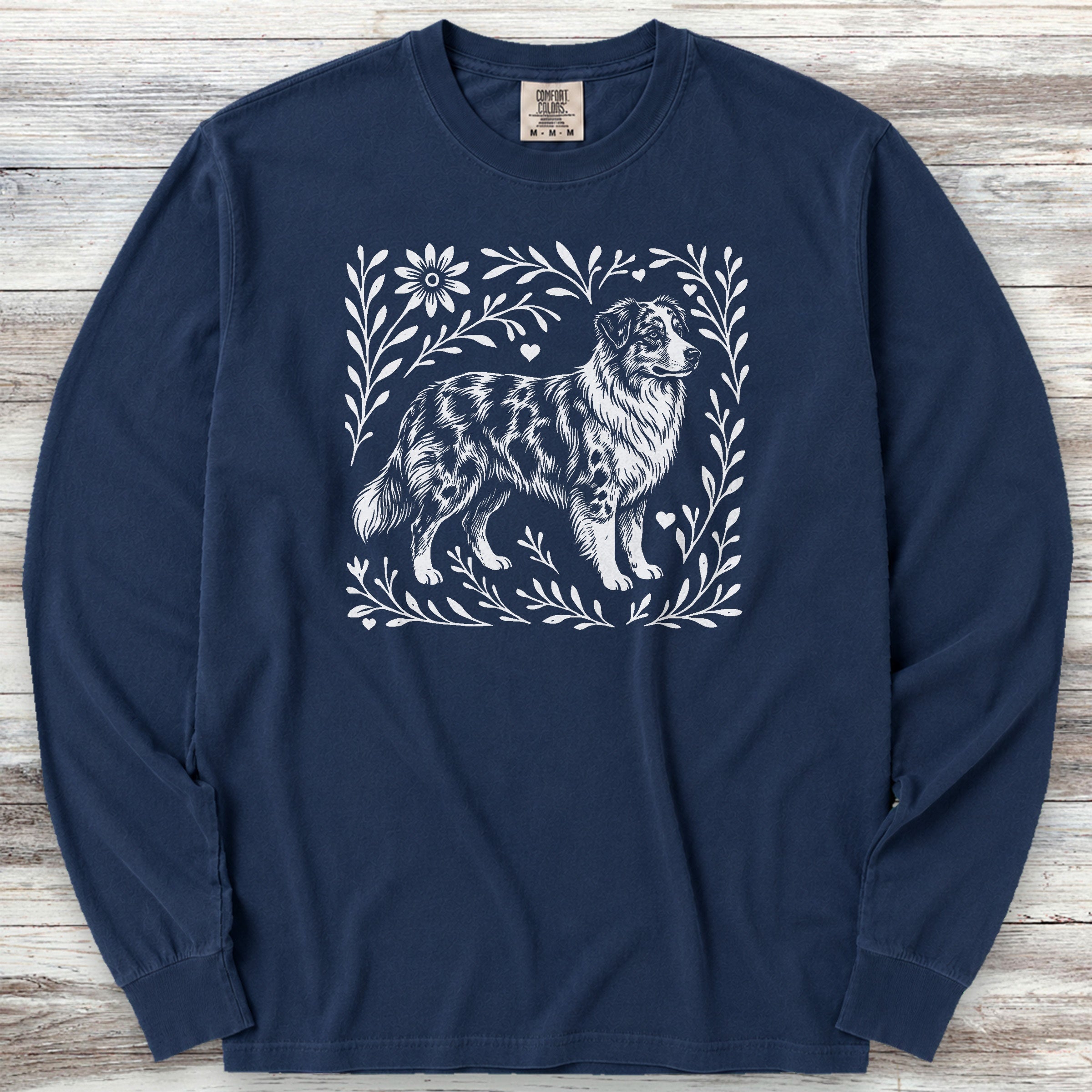 Australian Shepherd Merle Linocut Long Sleeve Tee - True Navy