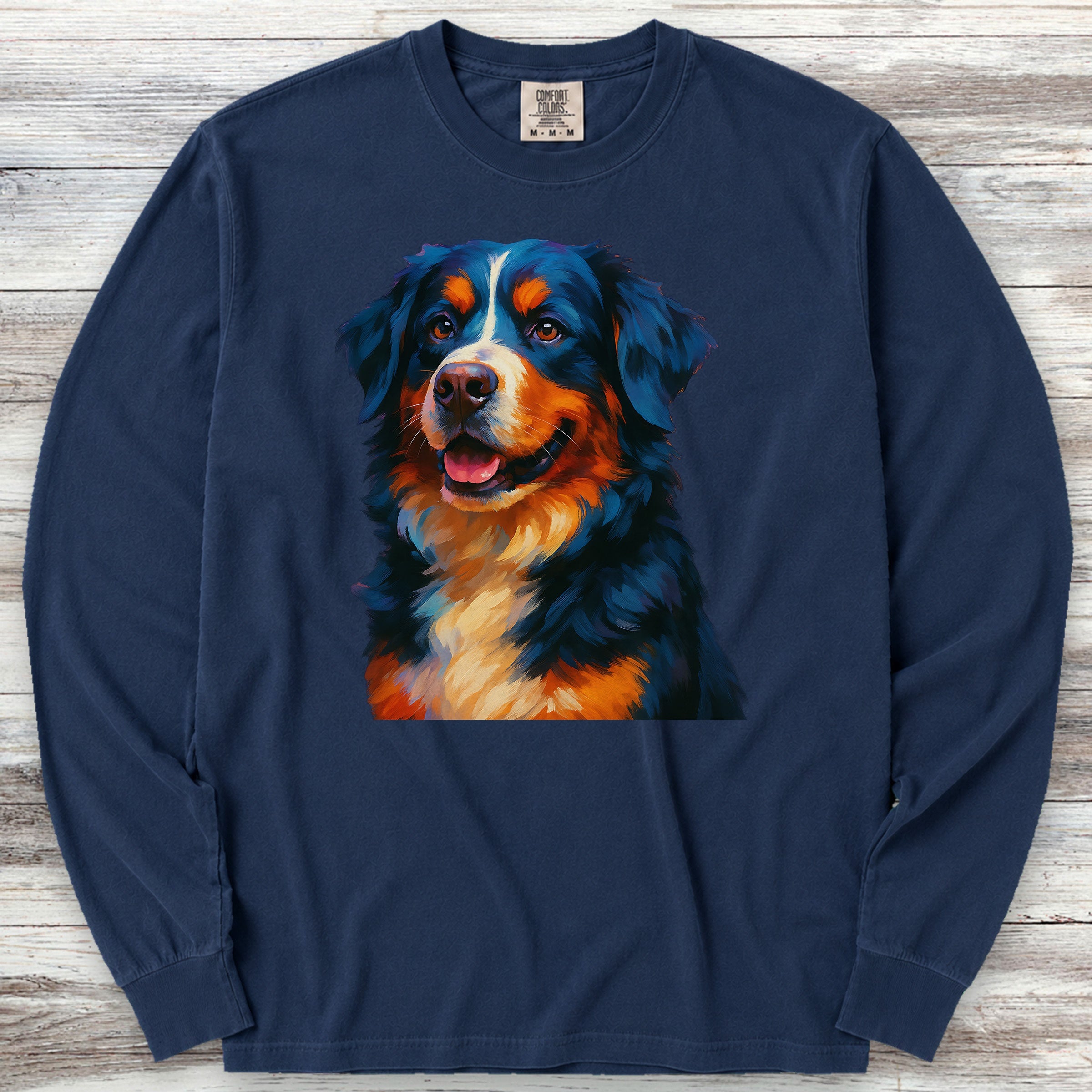Bernese Mountain Dog Oil Painting Long Sleeve Tee - True Navy