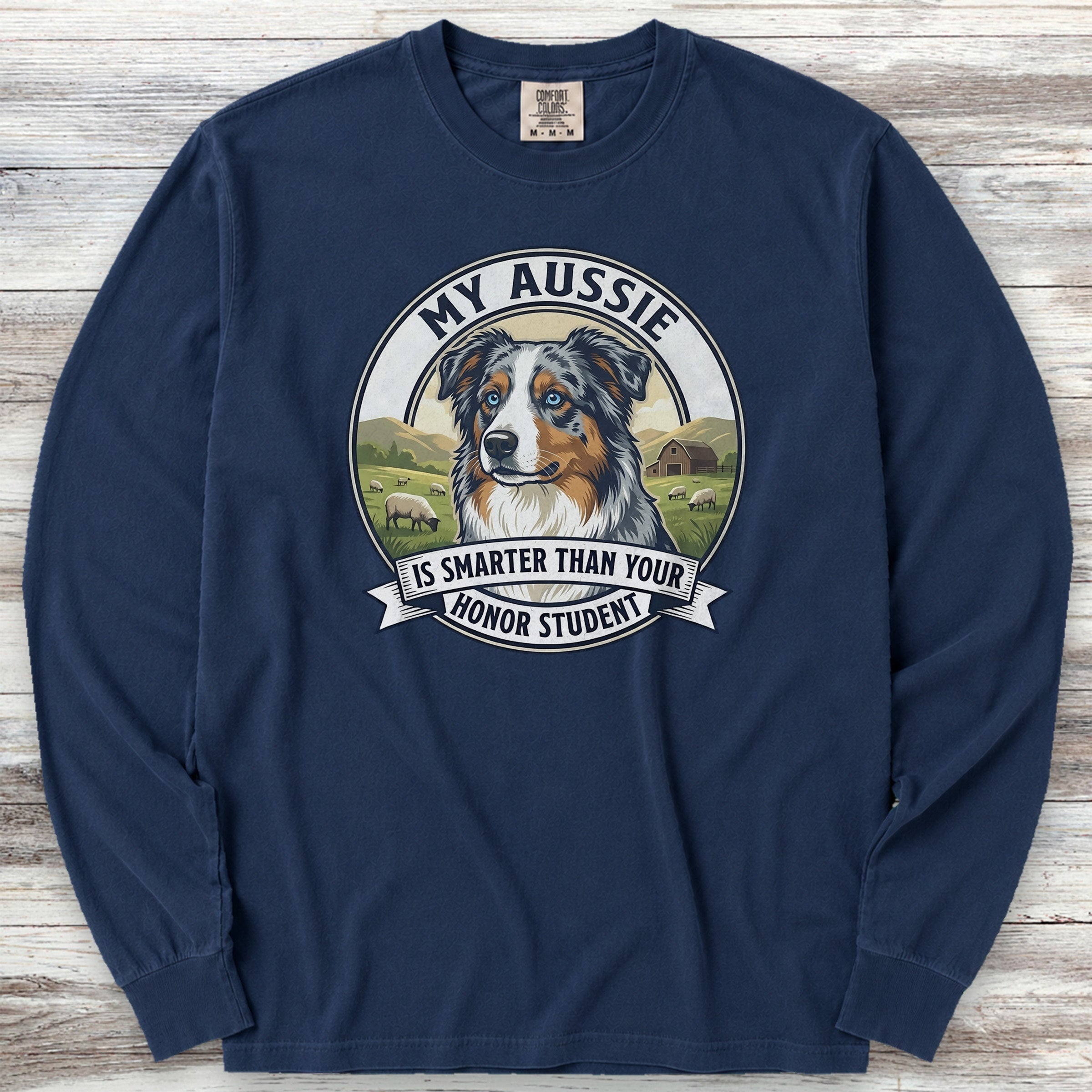 Australian Shepherd Aussie Smart Long Sleeve Tee - True Navy