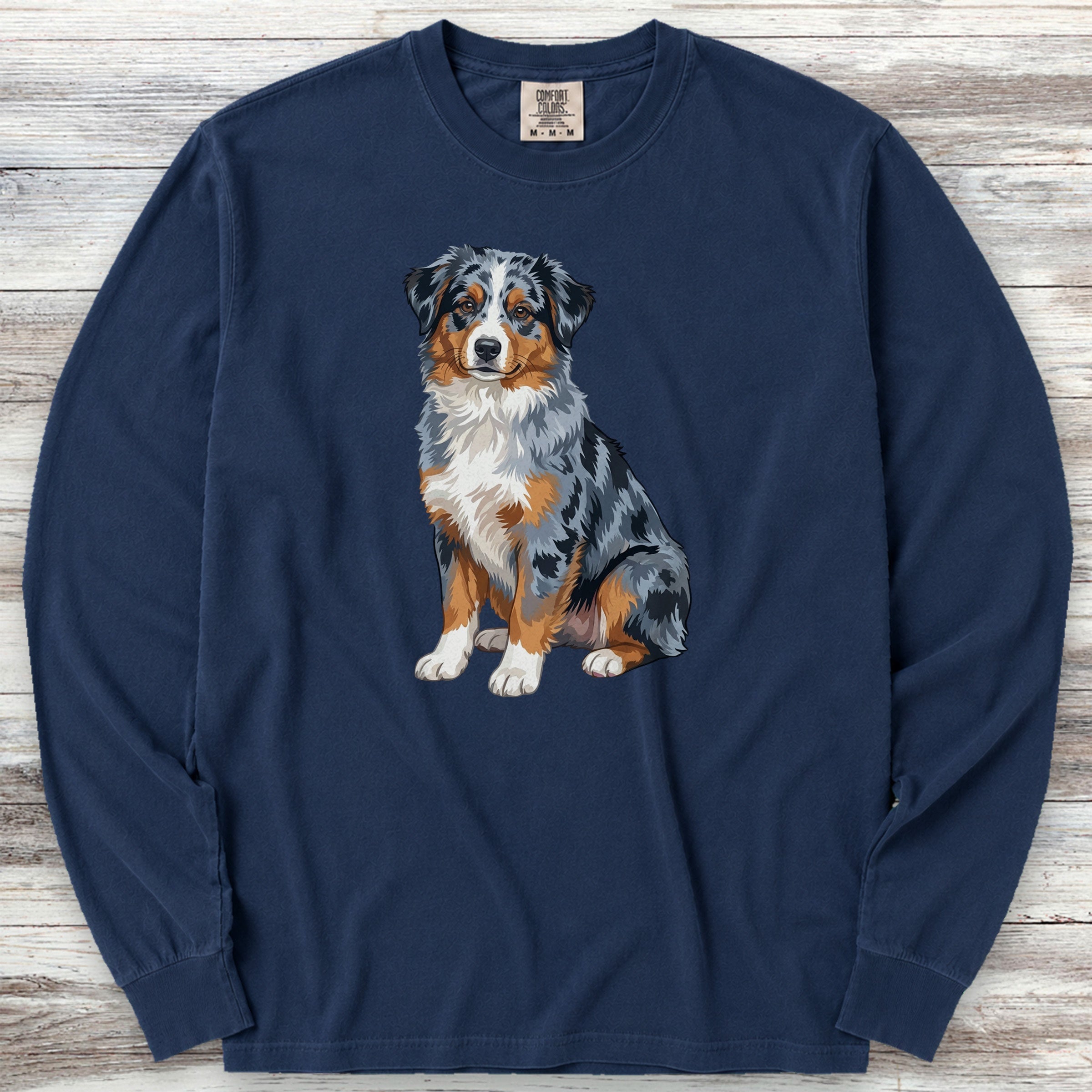 Australian Shepherd Merle Watercolor Long Sleeve Tee - True Navy