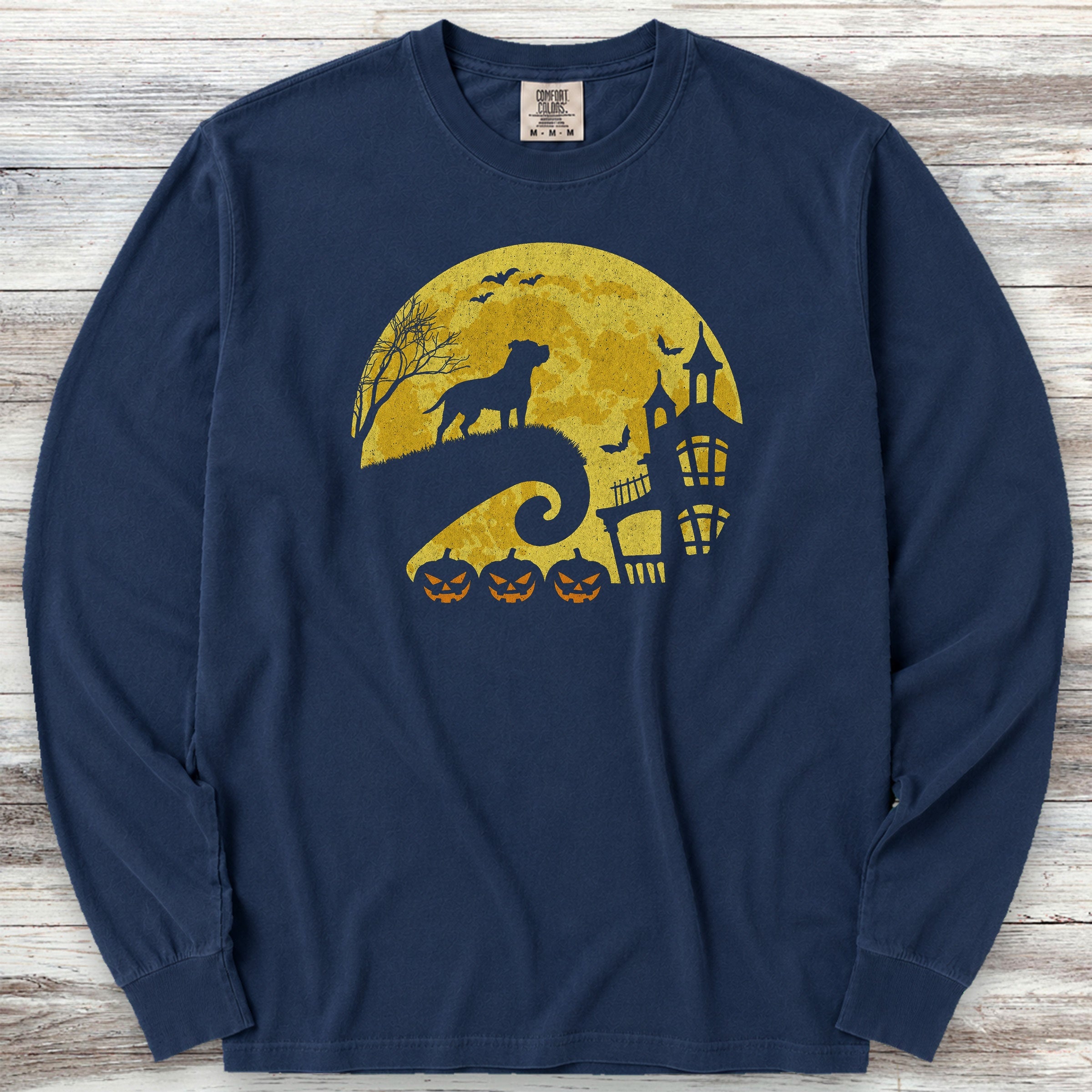 Pit Bull Halloween Moon Long Sleeve Tee - True Navy