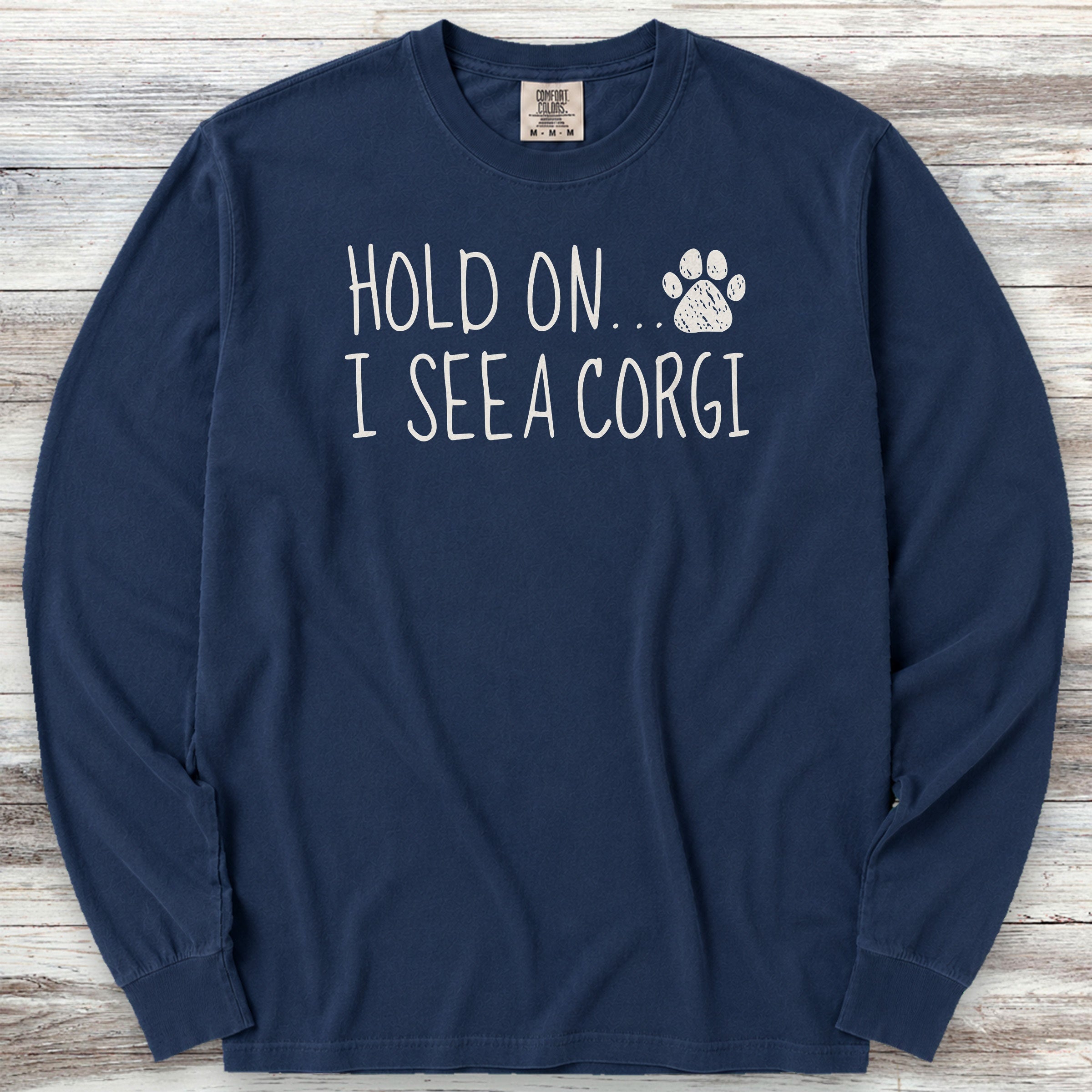 Corgi Hold On Long Sleeve Tee - True Navy