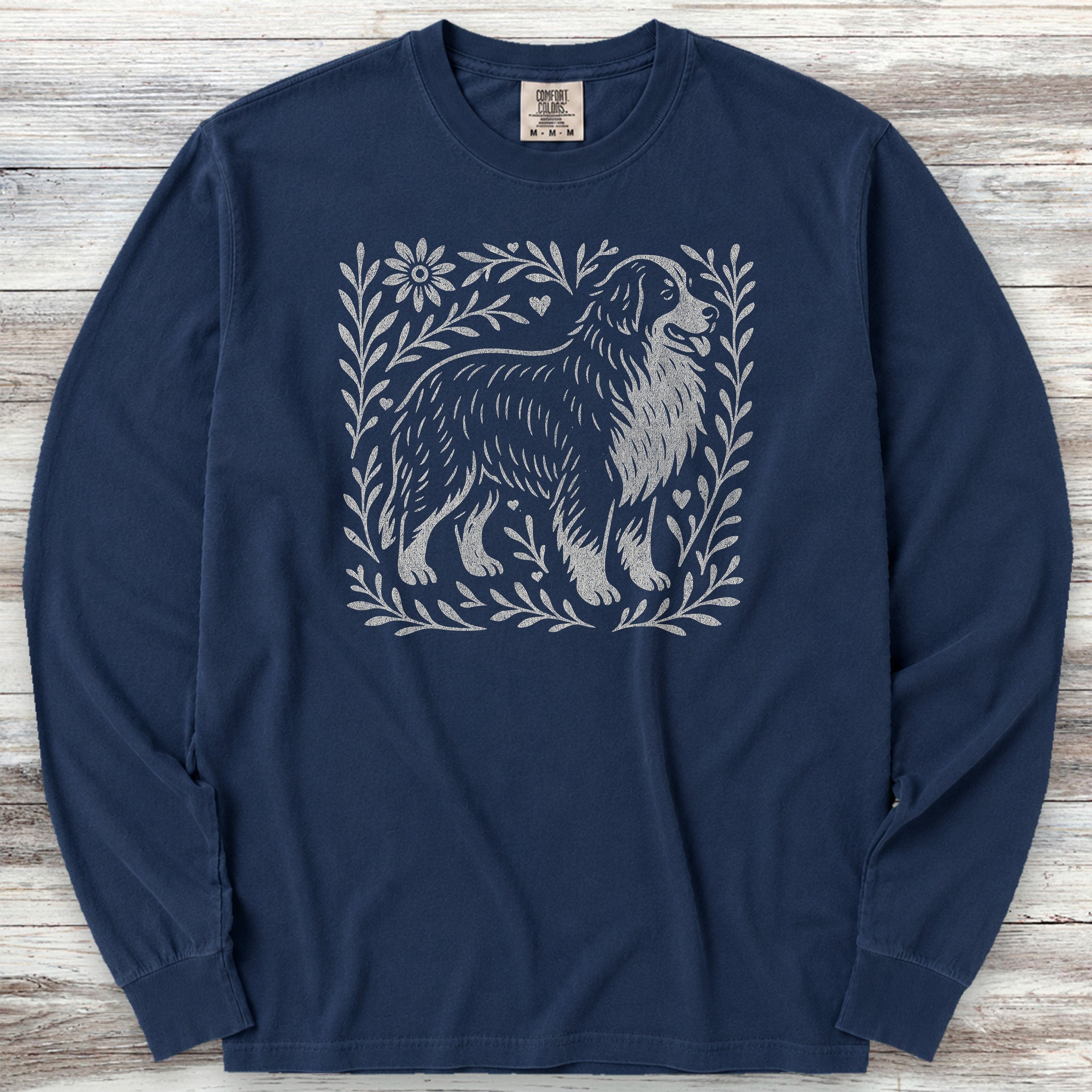 Bernese Mountain Dog Linocut Long Sleeve Tee - True Navy