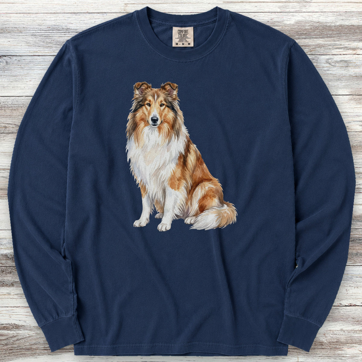 Rough Collie Watercolor Long Sleeve Tee - True Navy