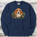 Beagle Lemon and White Winter Greenery Faux Embroidery Long Sleeve Tee - True Navy