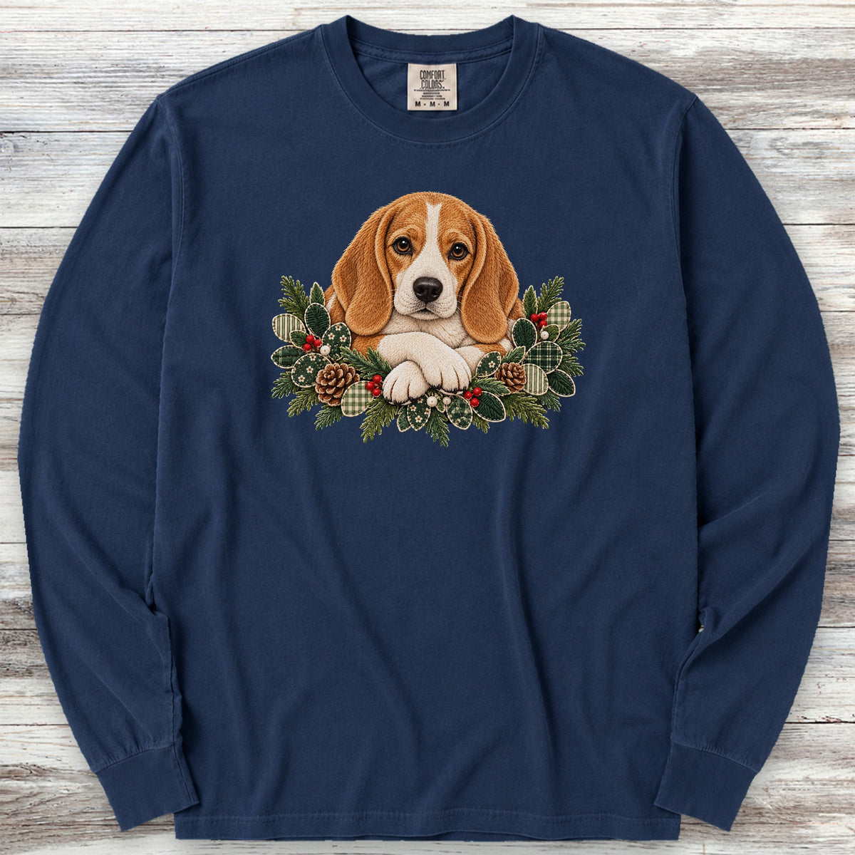 Beagle Lemon and White Winter Greenery Faux Embroidery Long Sleeve Tee - True Navy