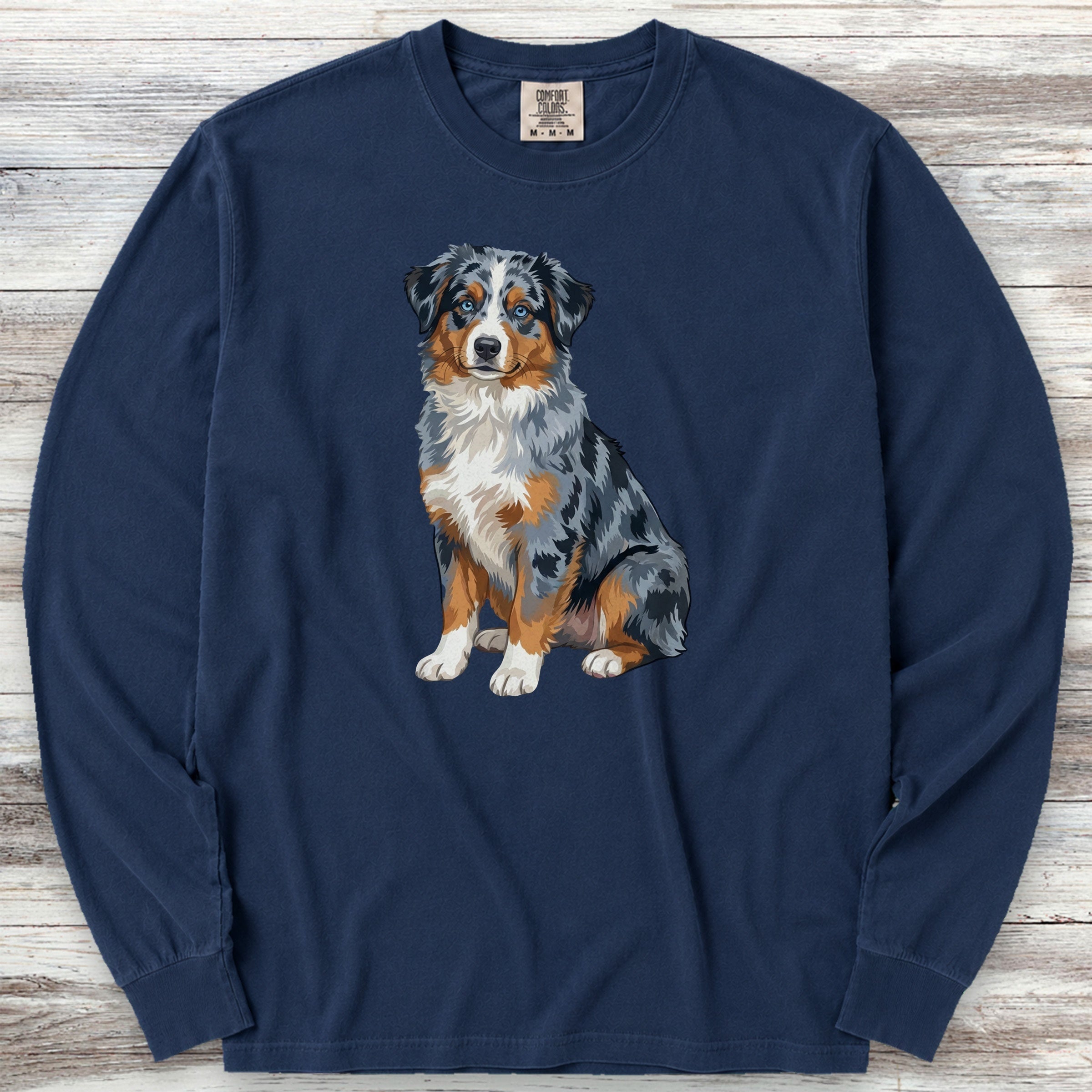 Australian Shepherd Merle Blue Eyes Watercolor Long Sleeve Tee - True Navy