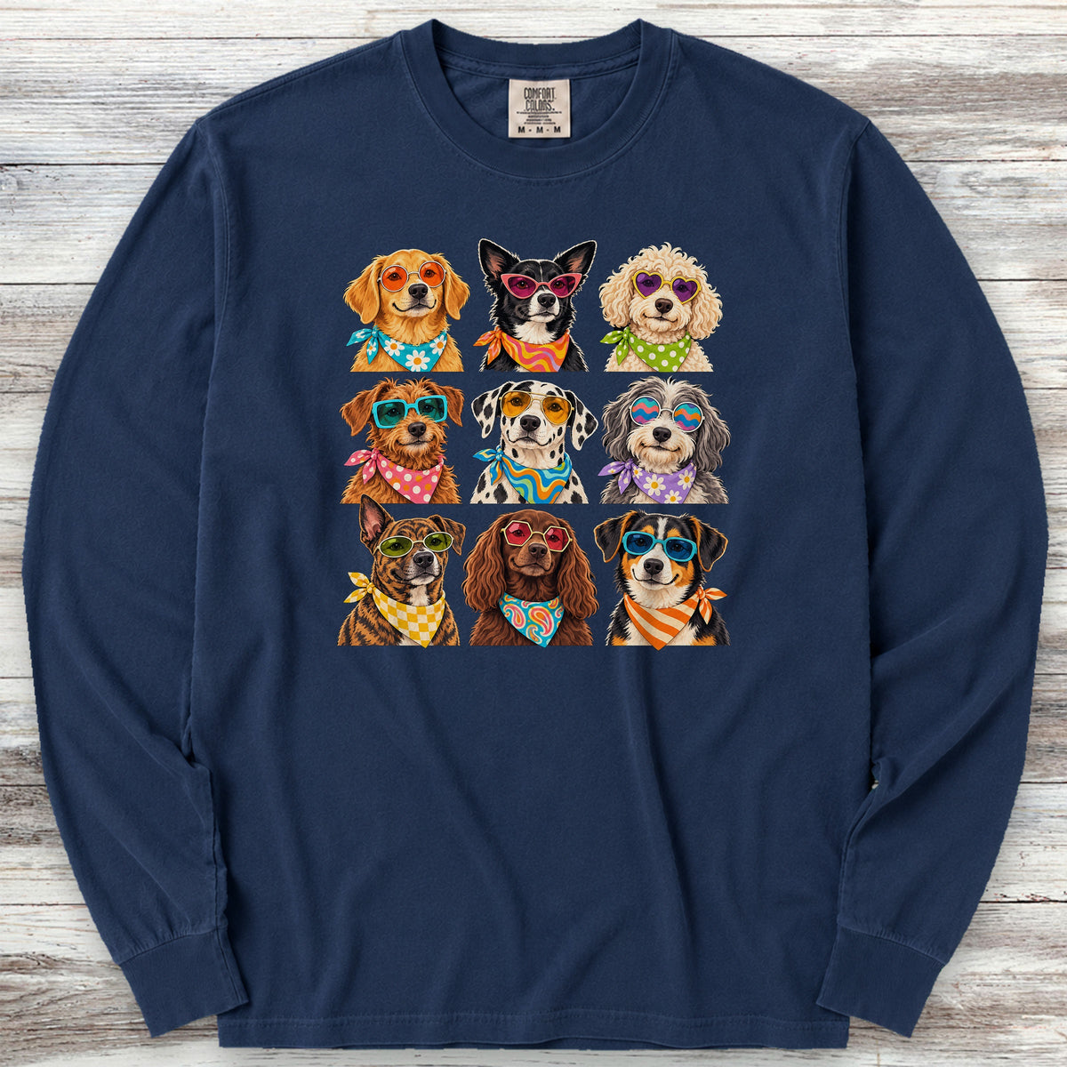 Groovy Dogs Grid Long Sleeve Tee - True Navy