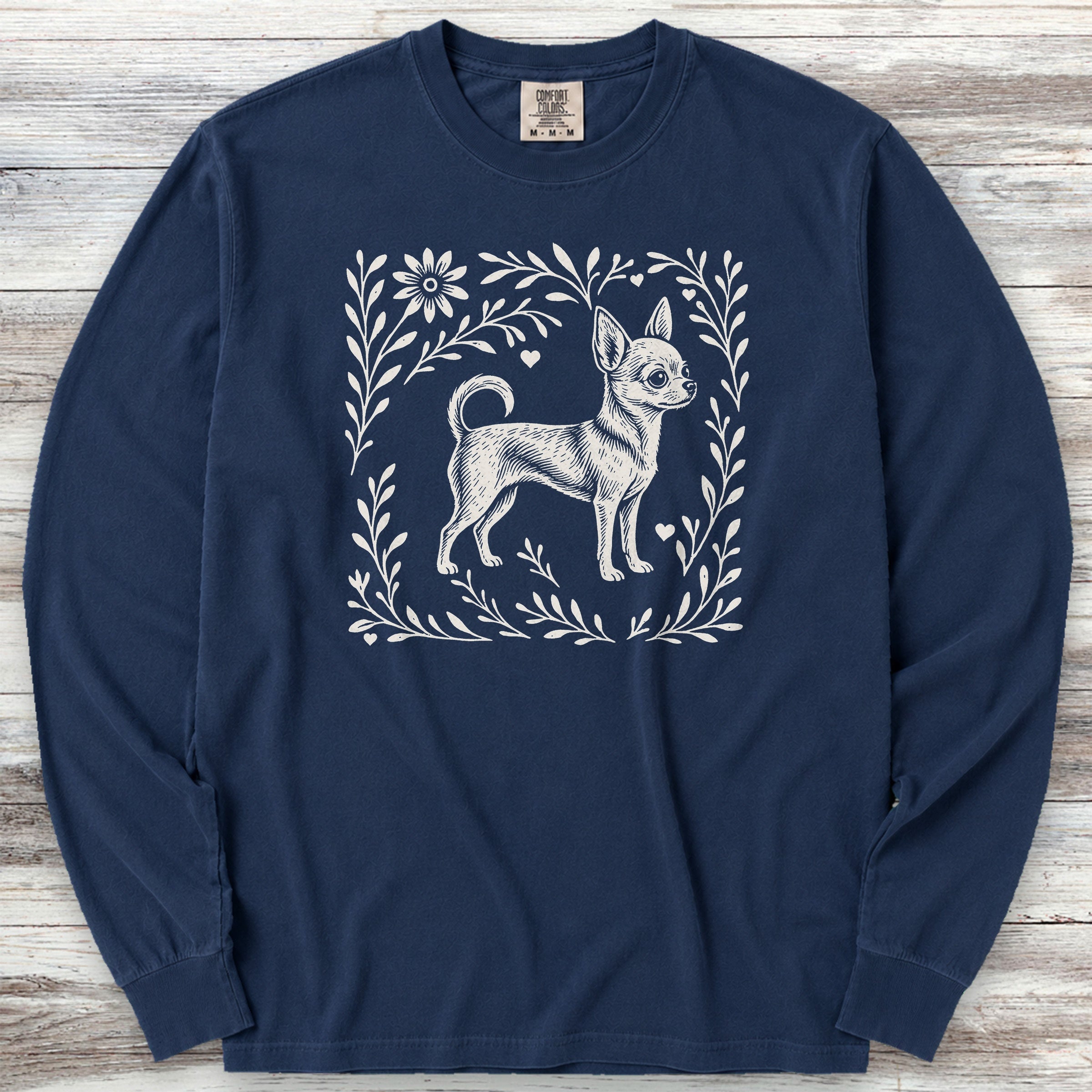 Chihuahua Linocut Long Sleeve Tee - True Navy