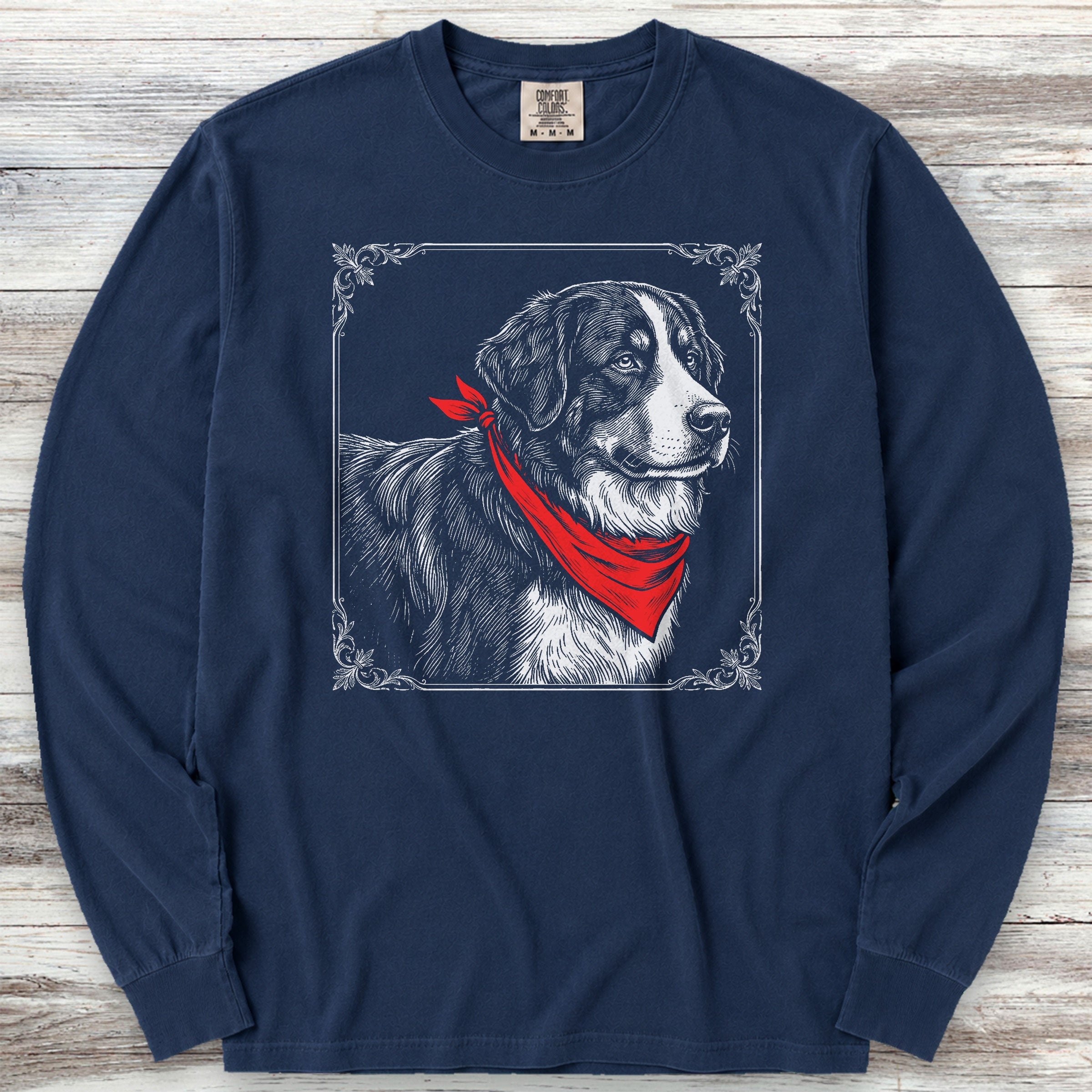 Bernese Mountain Dog Etching Long Sleeve Tee - True Navy