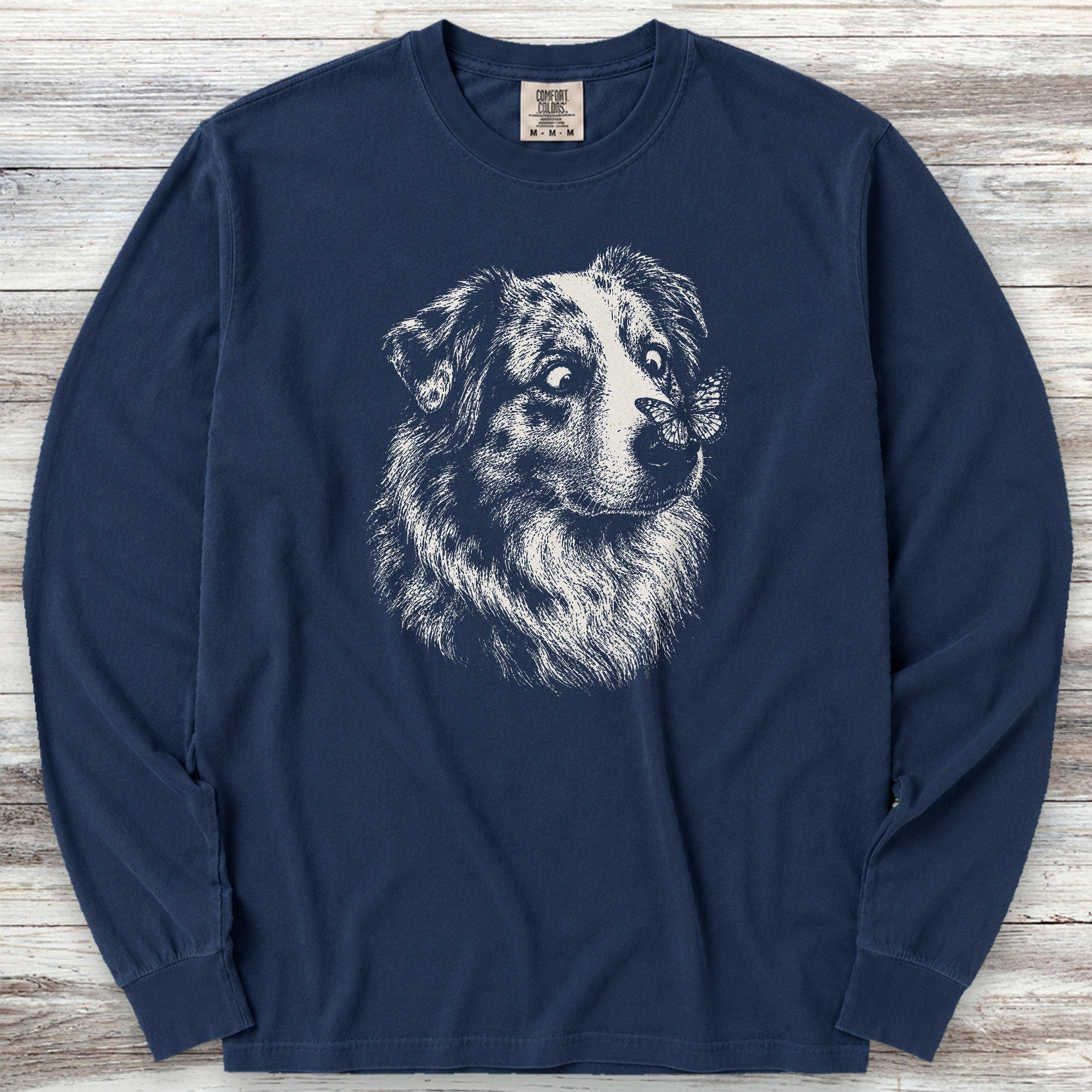 Australian Shepherd Butterfly Long Sleeve Tee - True Navy