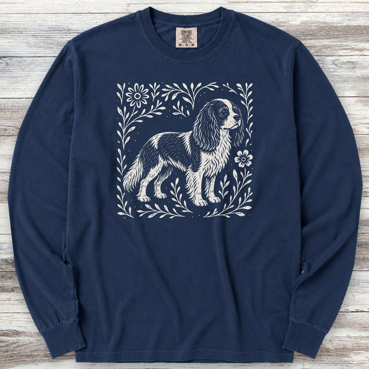 Cavalier King Charles Linocut Long Sleeve Tee - True Navy
