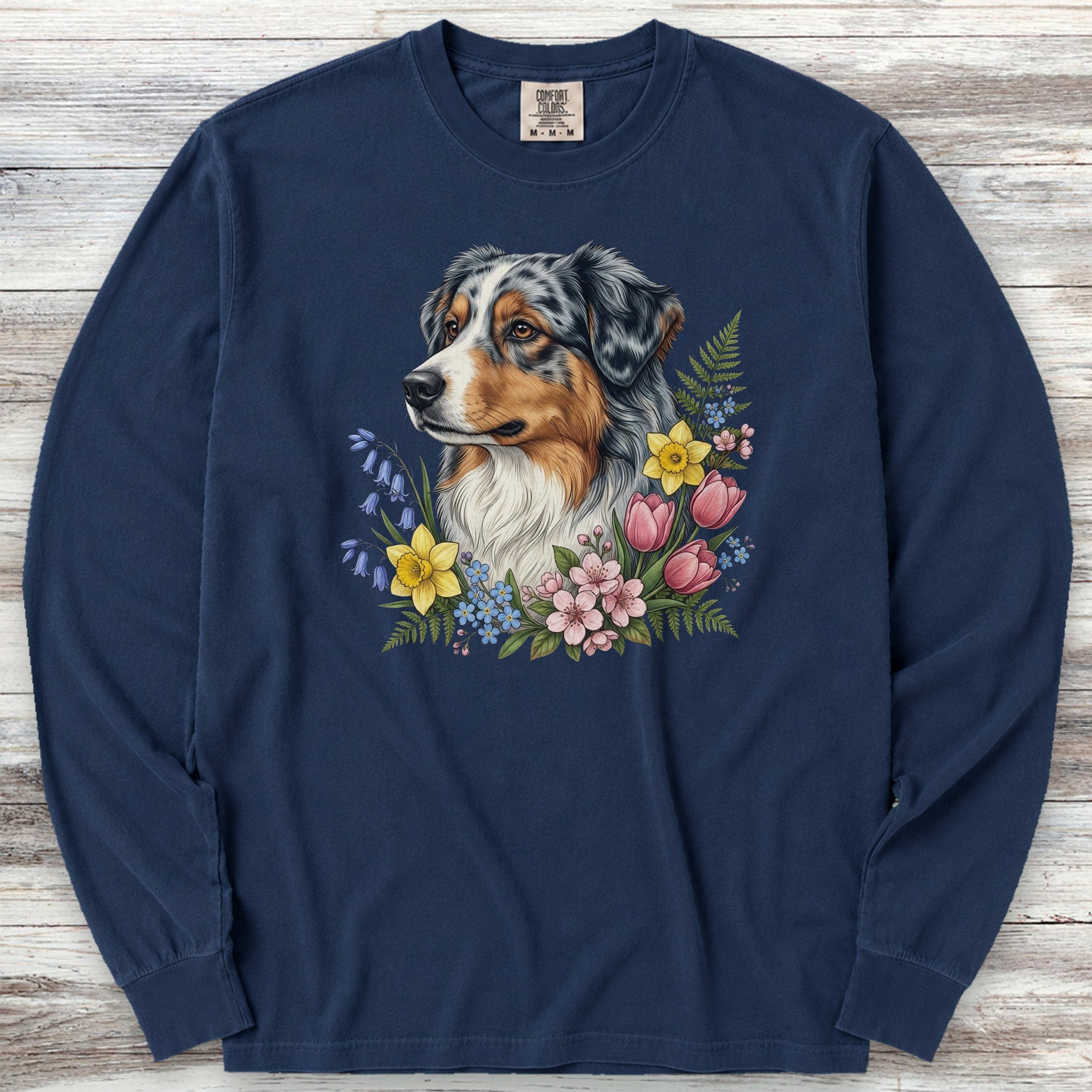 Australian Shepherd Spring Portrait Long Sleeve Tee - True Navy