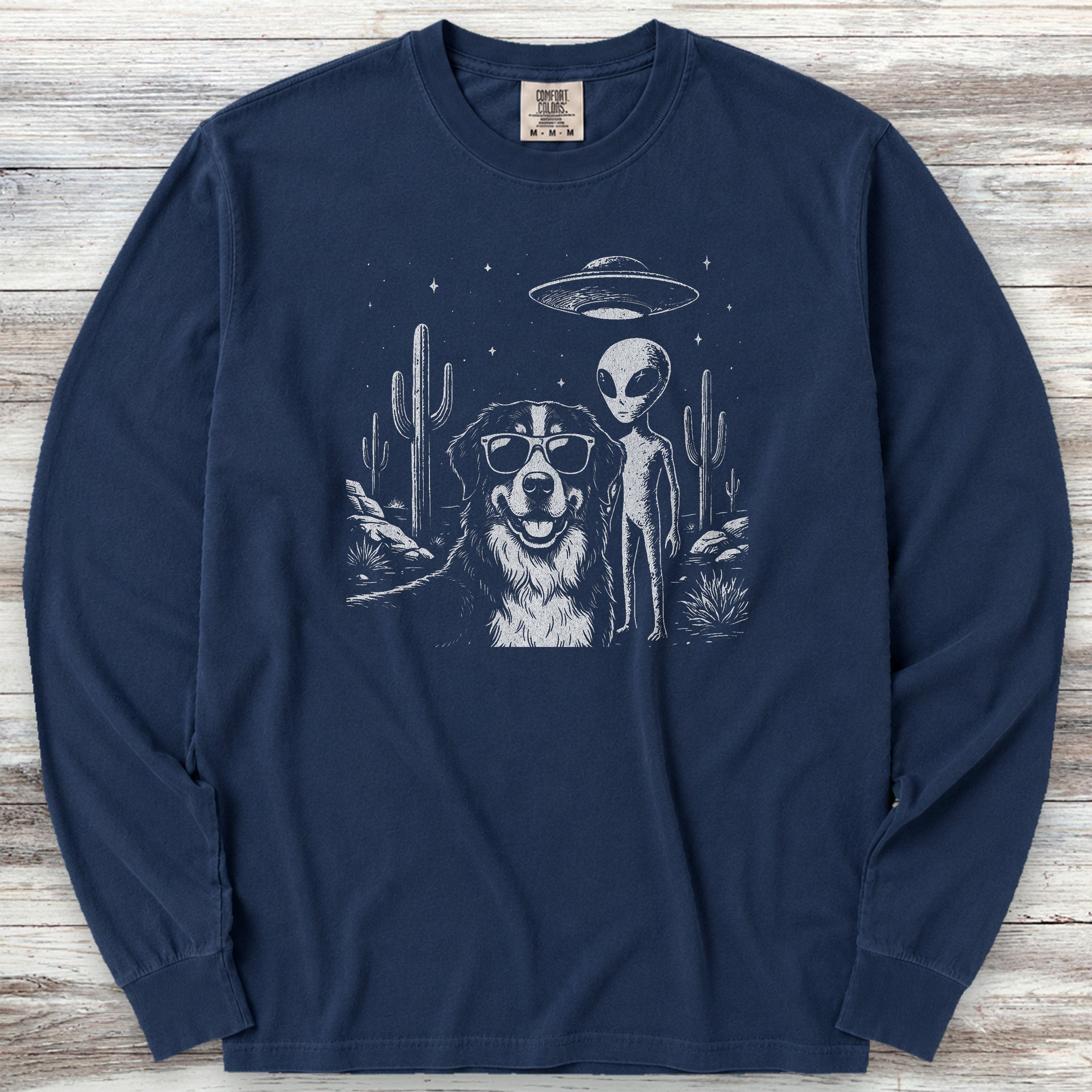 Bernese Mountain Dog Alien Selfie Long Sleeve Tee - True Navy