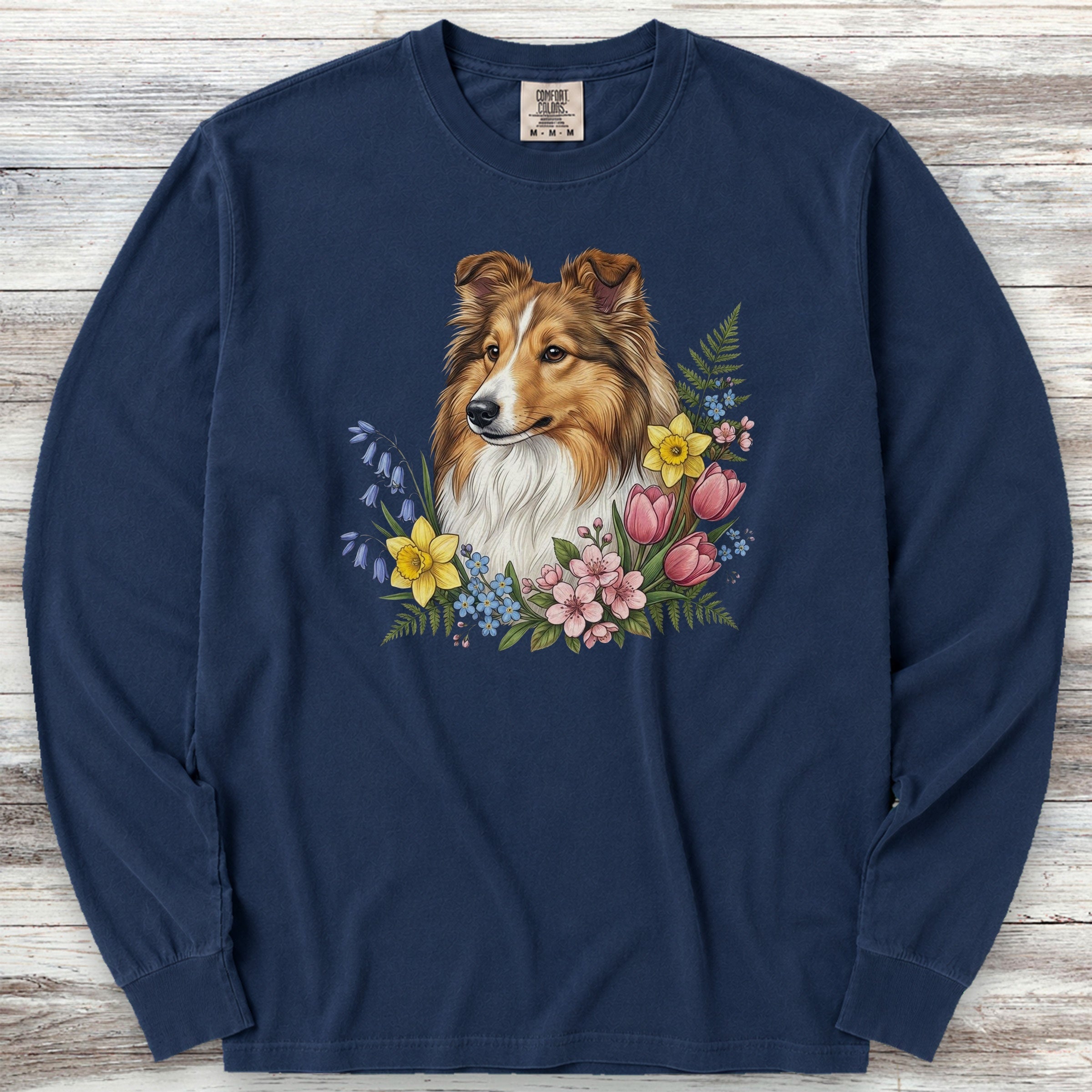 Shetland Sheepdog Spring Portrait Long Sleeve Tee - True Navy