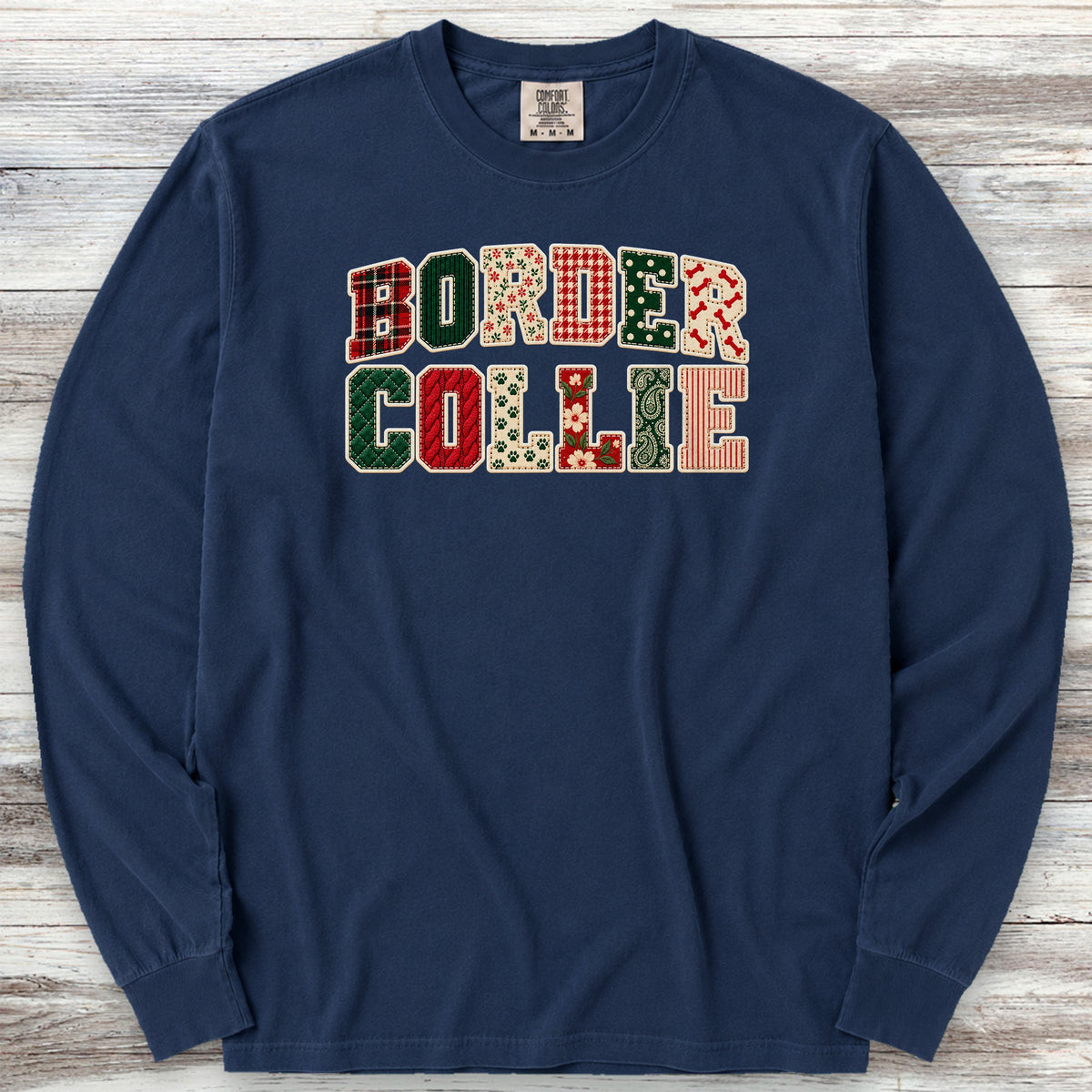 Border Collie Holiday Faux Patchwork Long Sleeve Tee - True Navy