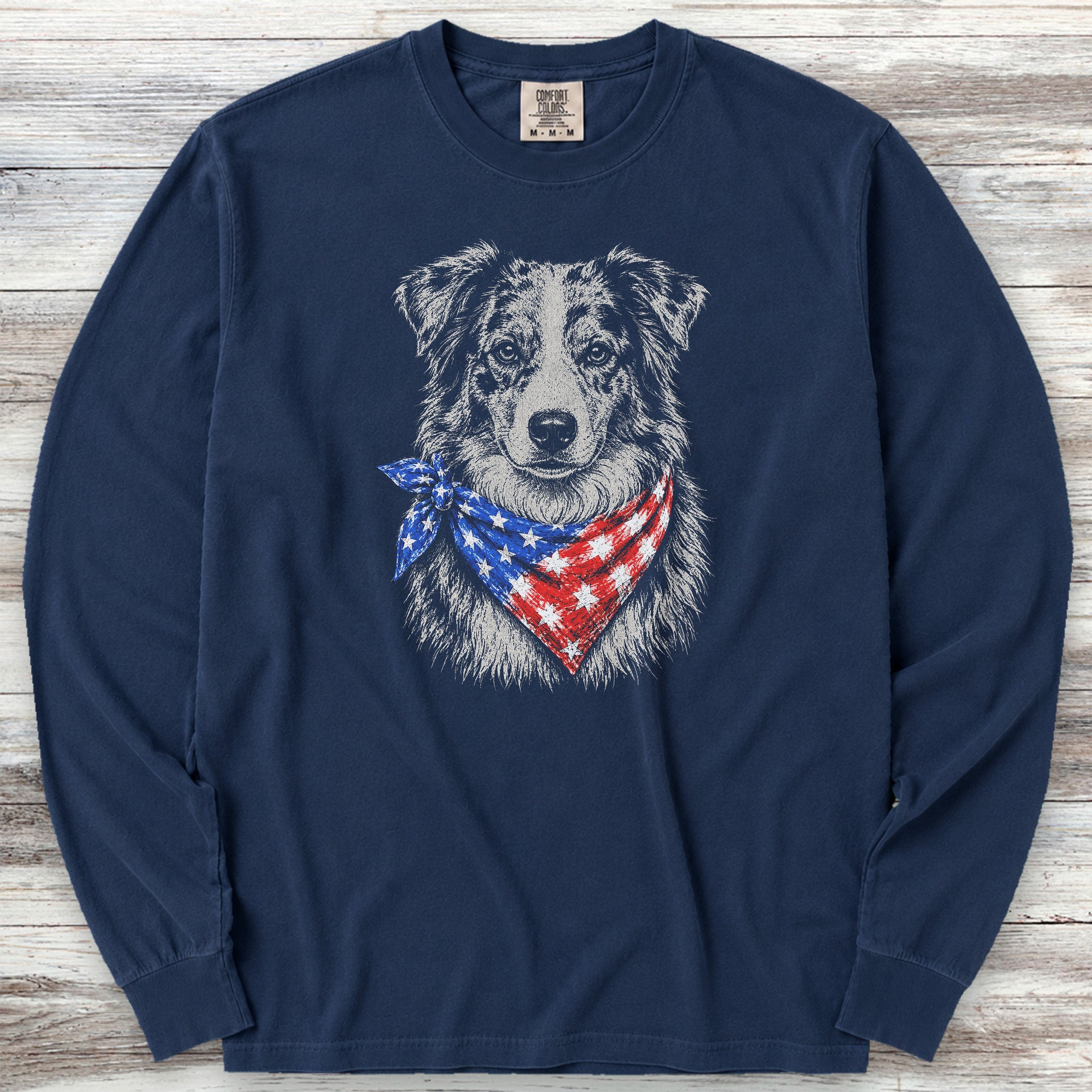 Australian Shepherd Merle Patriot Long Sleeve Tee - True Navy
