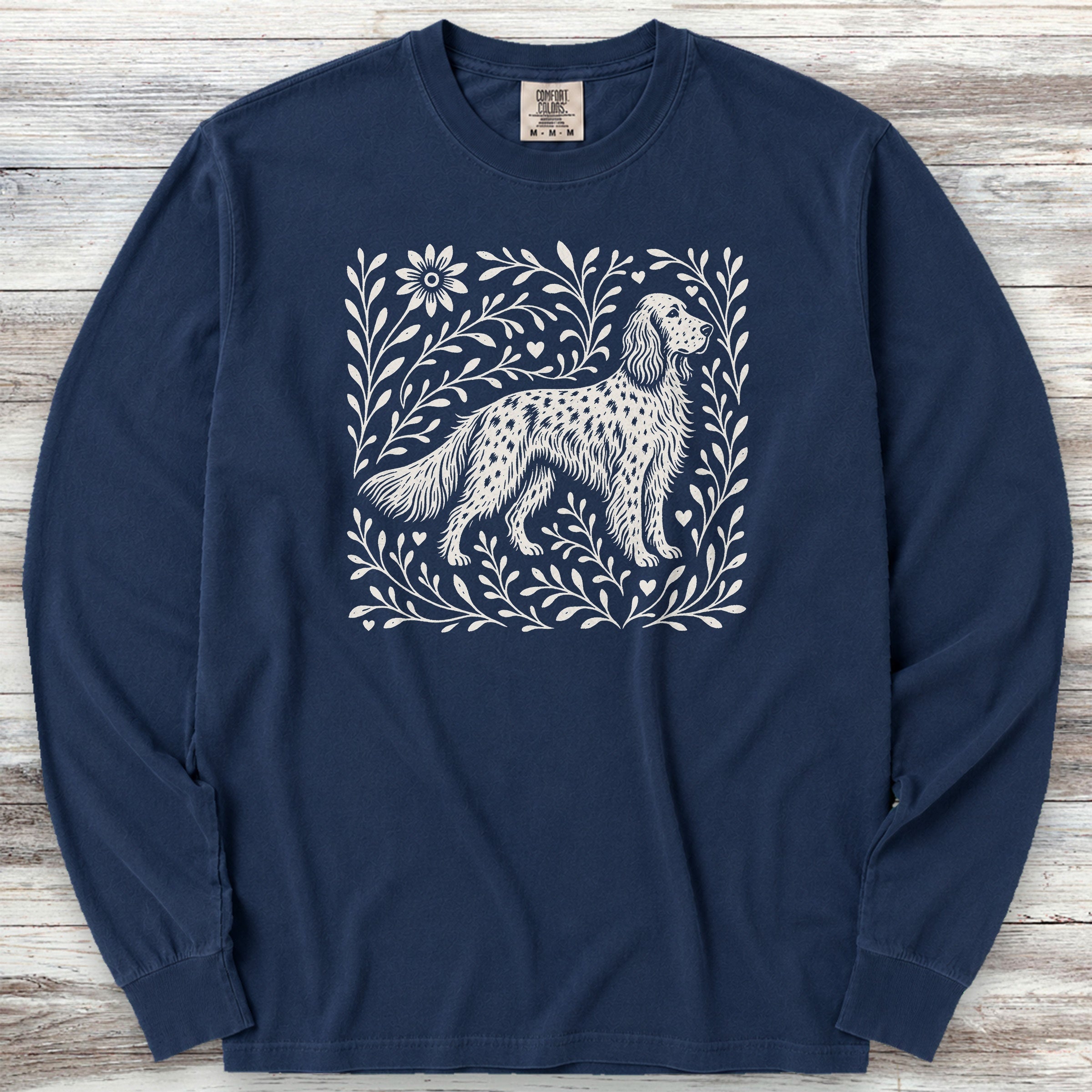 English Setter Linocut Long Sleeve Tee - True Navy