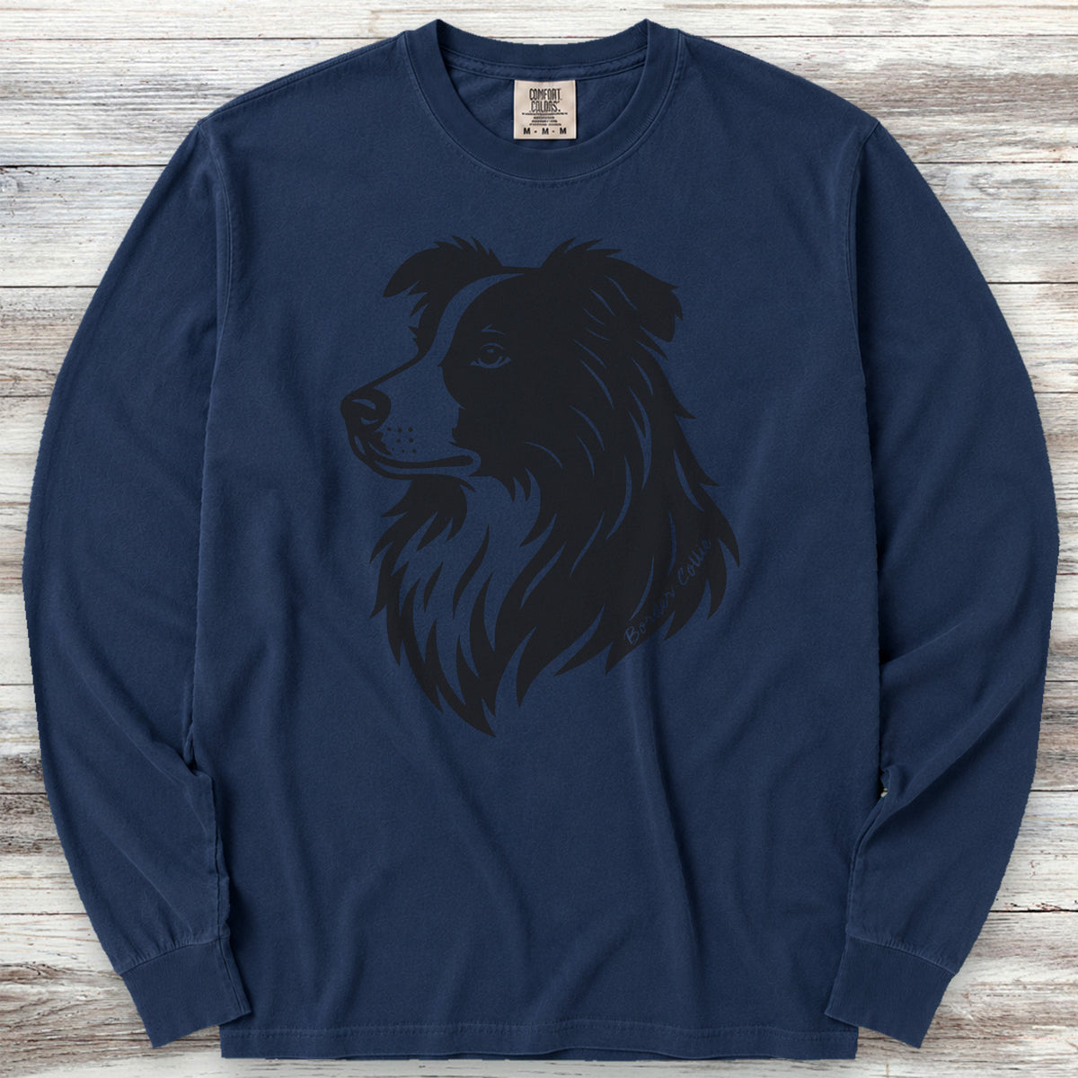 Border Collie Woodcut Portrait Long Sleeve Tee - True Navy