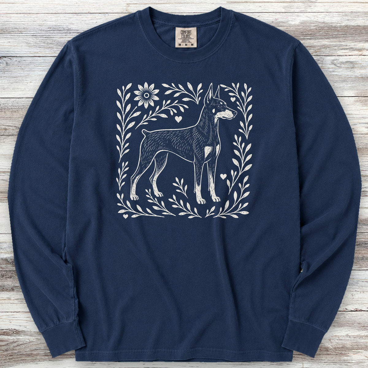 Doberman Linocut Long Sleeve Tee - True Navy