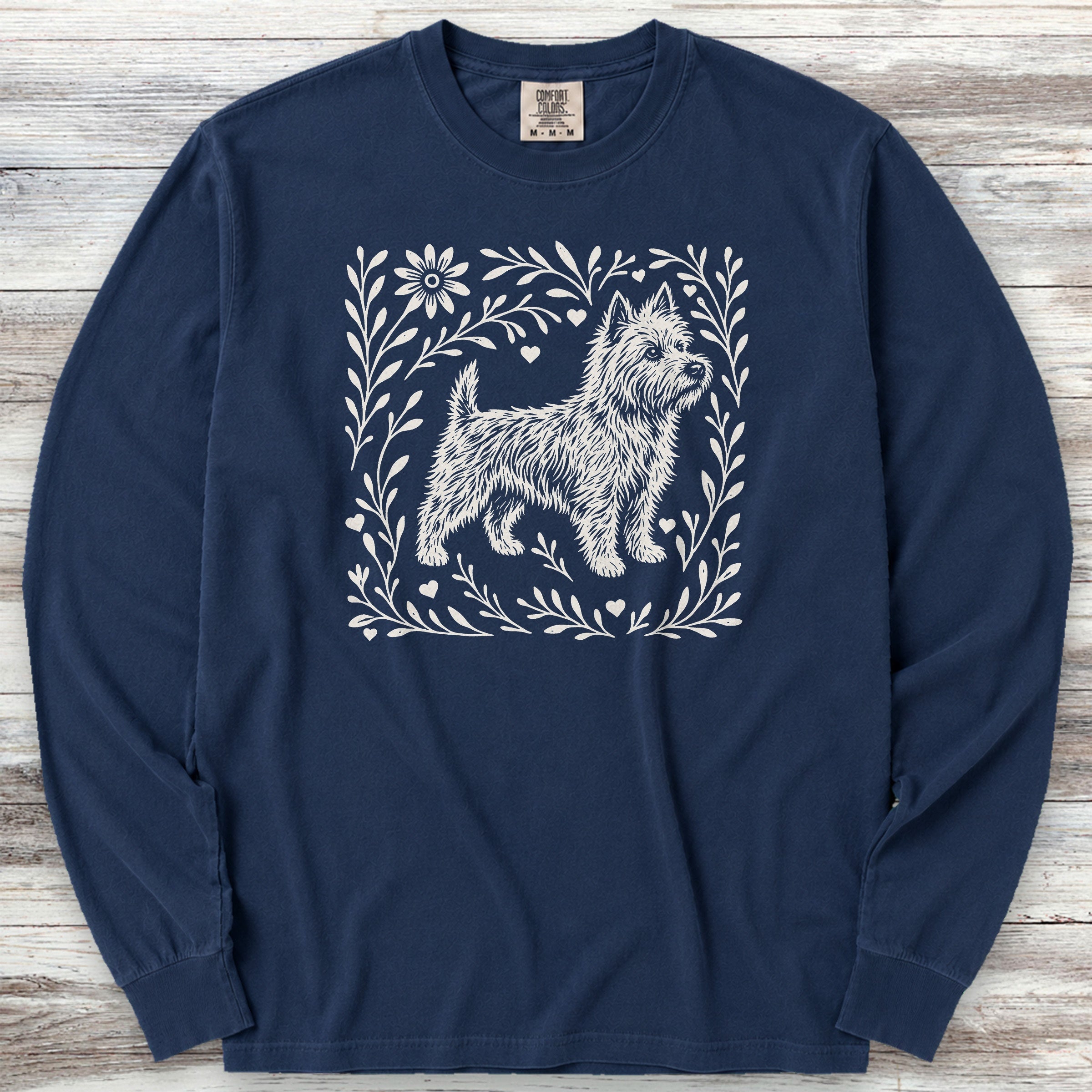 Cairn Terrier Linocut Long Sleeve Tee - True Navy