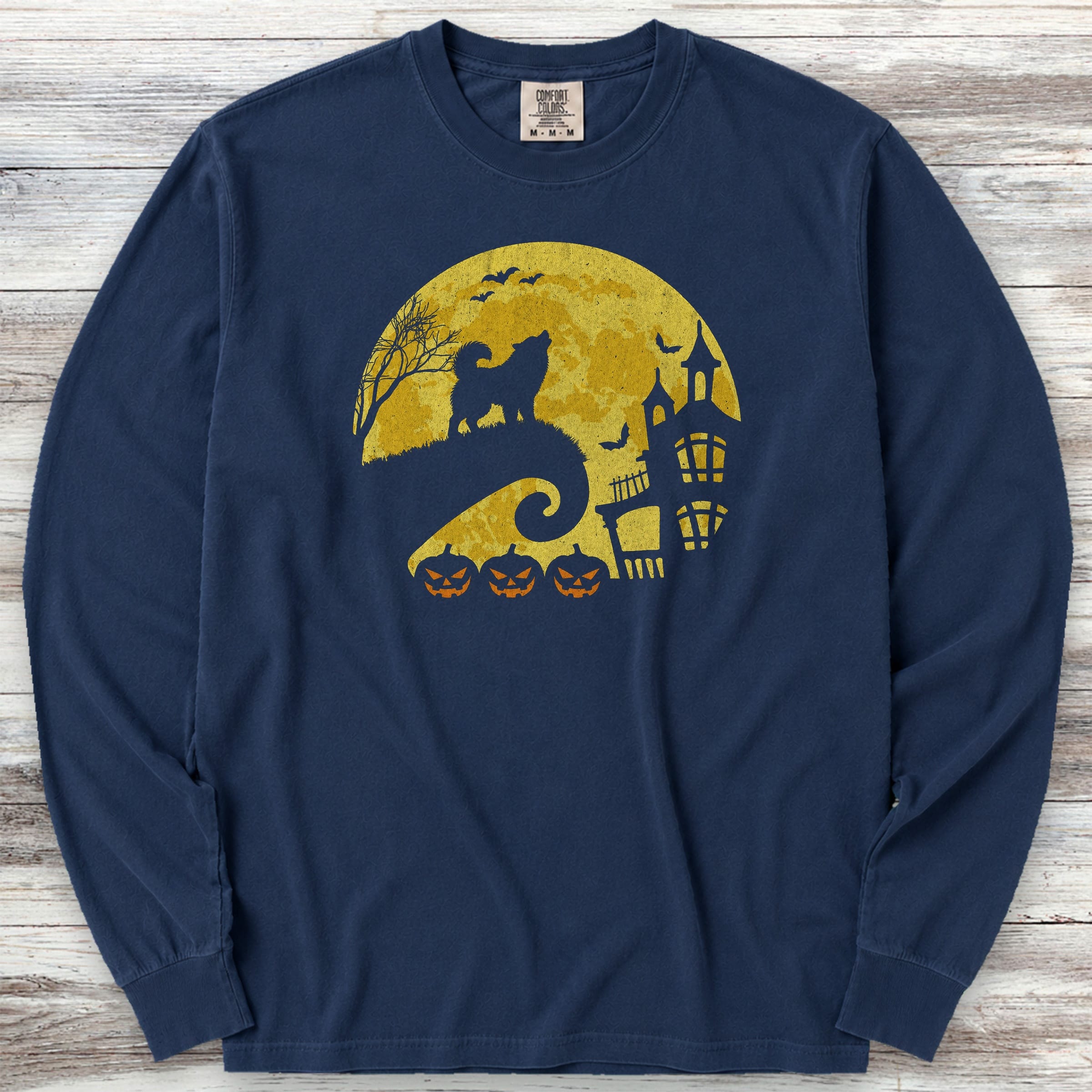 Alaskan Malamute Halloween Moon Long Sleeve Tee - True Navy