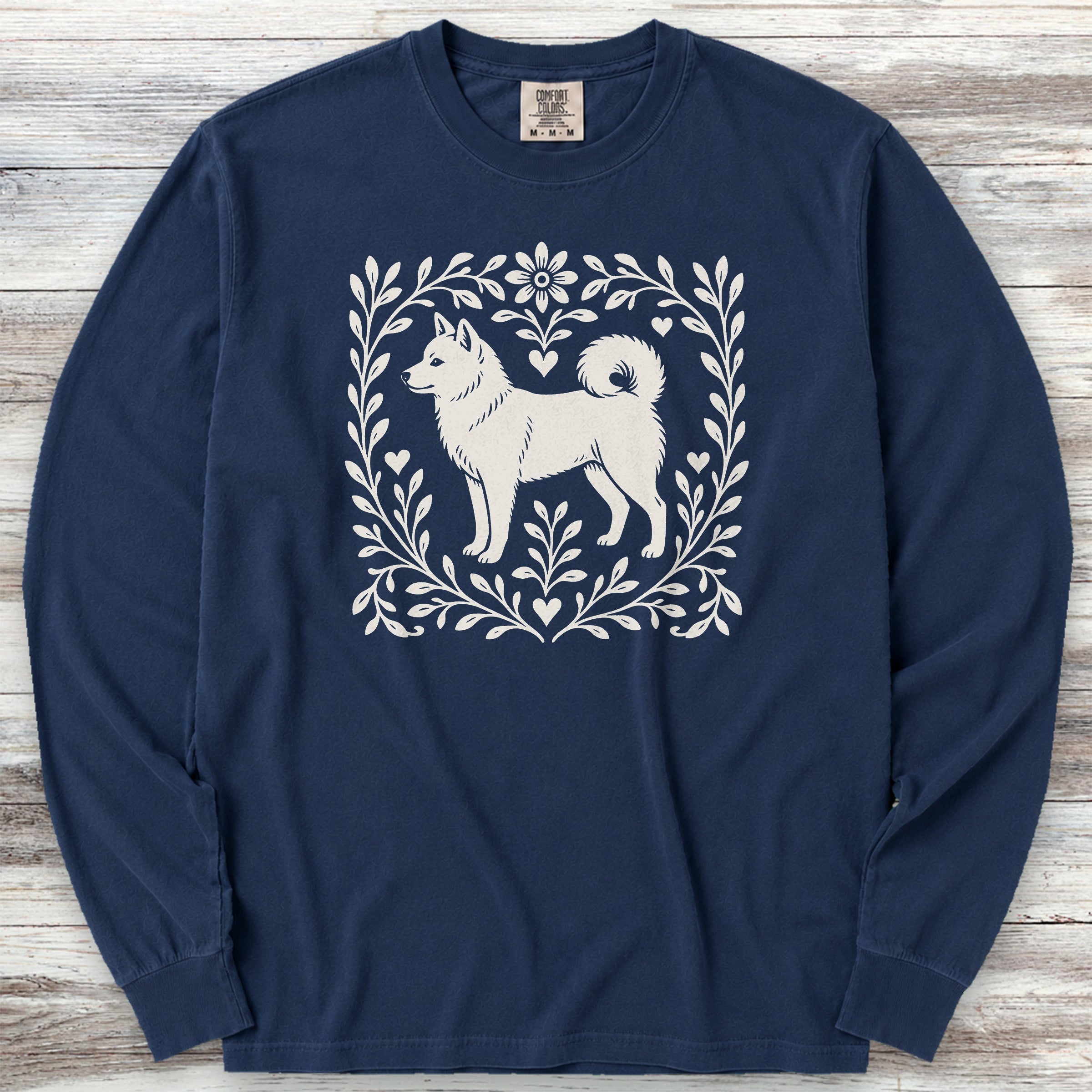 Shiba Inu Linocut Long Sleeve Tee - True Navy