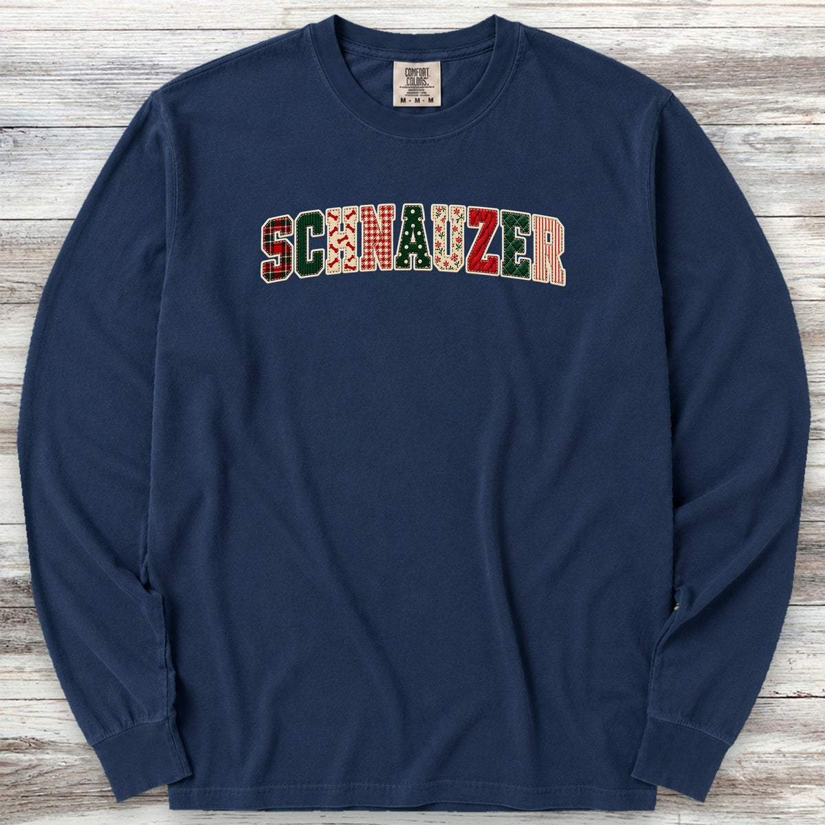 Schnauzer Holiday Faux Patchwork Long Sleeve Tee - True Navy