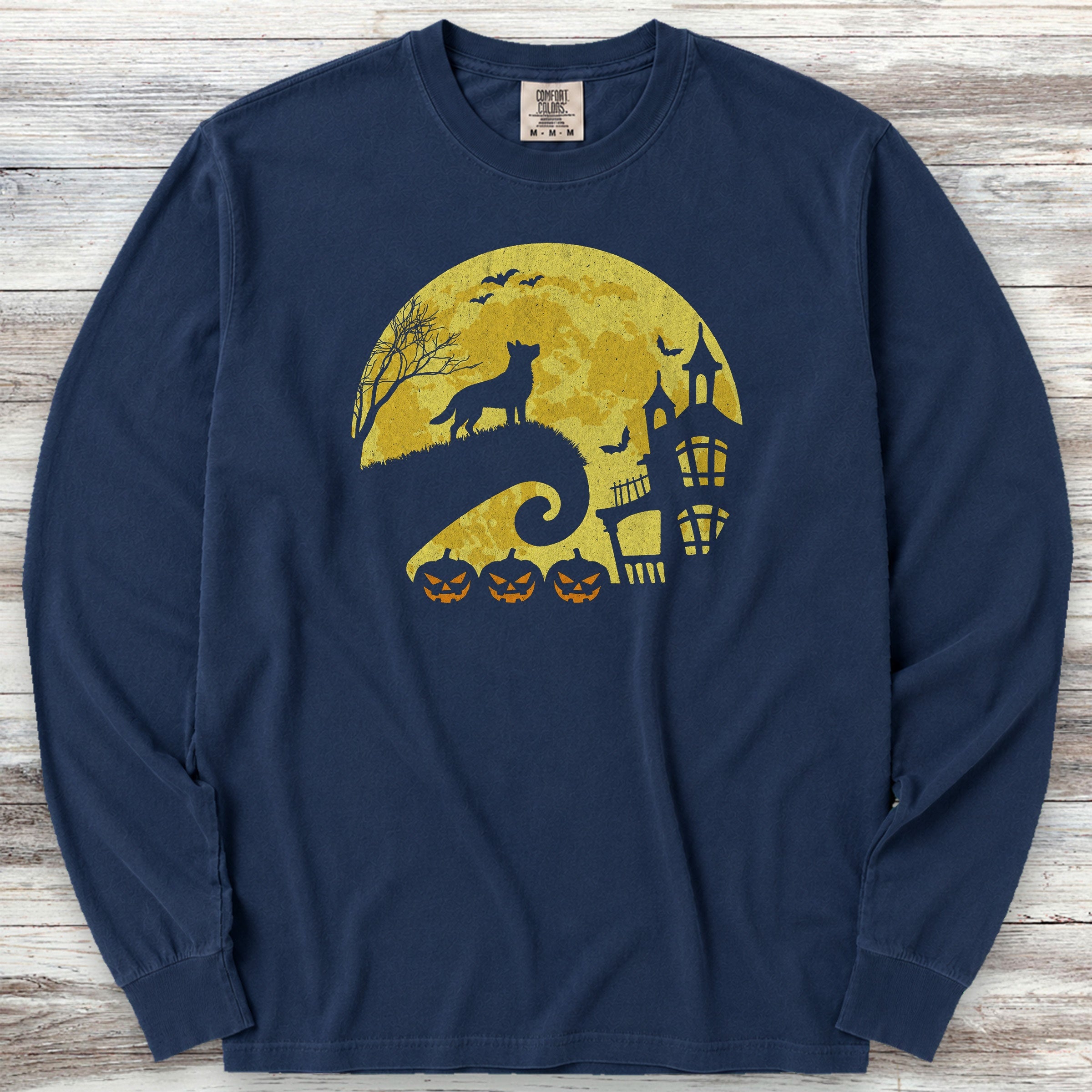 Australian Shepherd Halloween Moon Long Sleeve Tee - True Navy