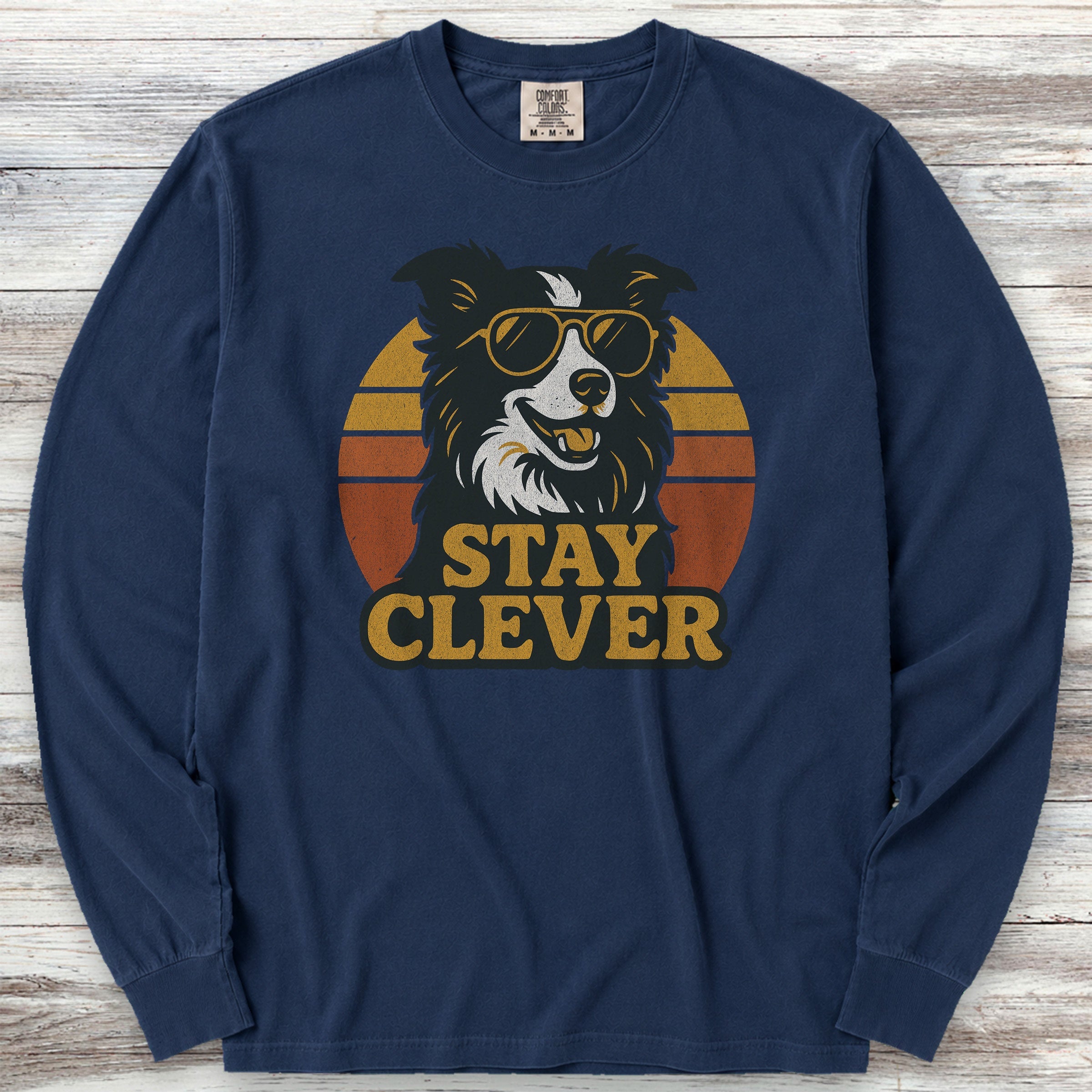 Border Collie Stay Clever Long Sleeve Tee - True Navy
