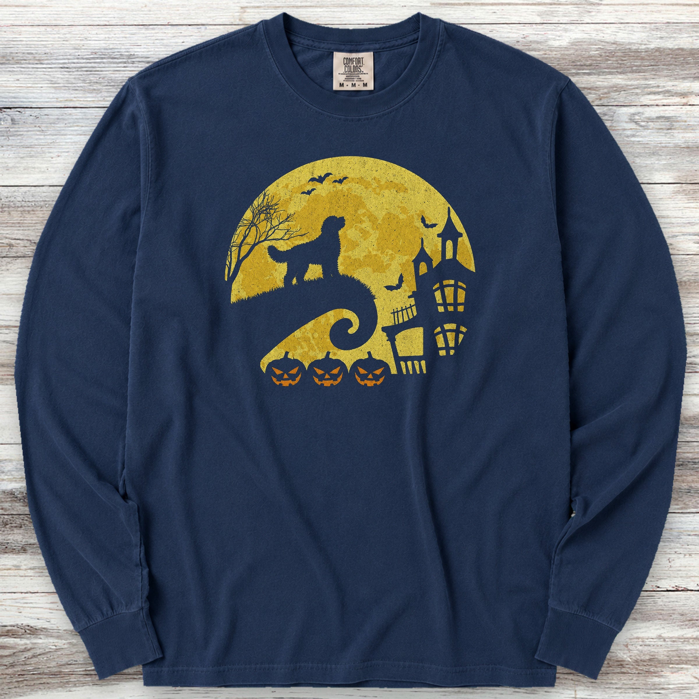 Goldendoodle Halloween Moon Long Sleeve Tee - True Navy