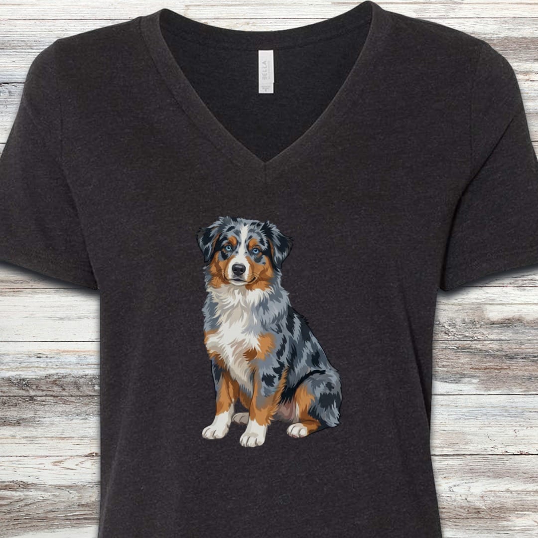 Australian Shepherd Merle Blue Eyes Watercolor V-Neck Tee