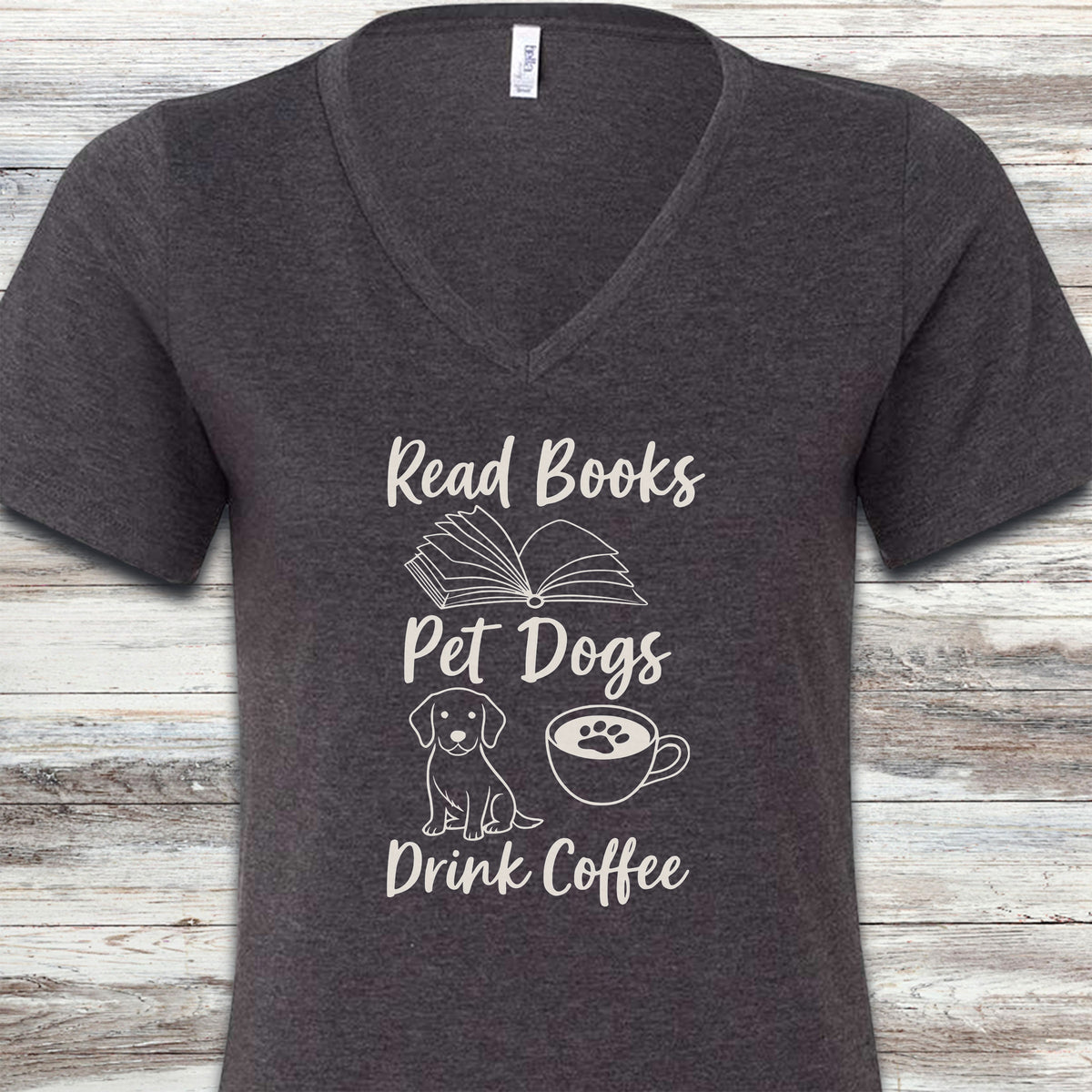 Books Dogs Coffee V-Neck Tee - Dark Grey Heather