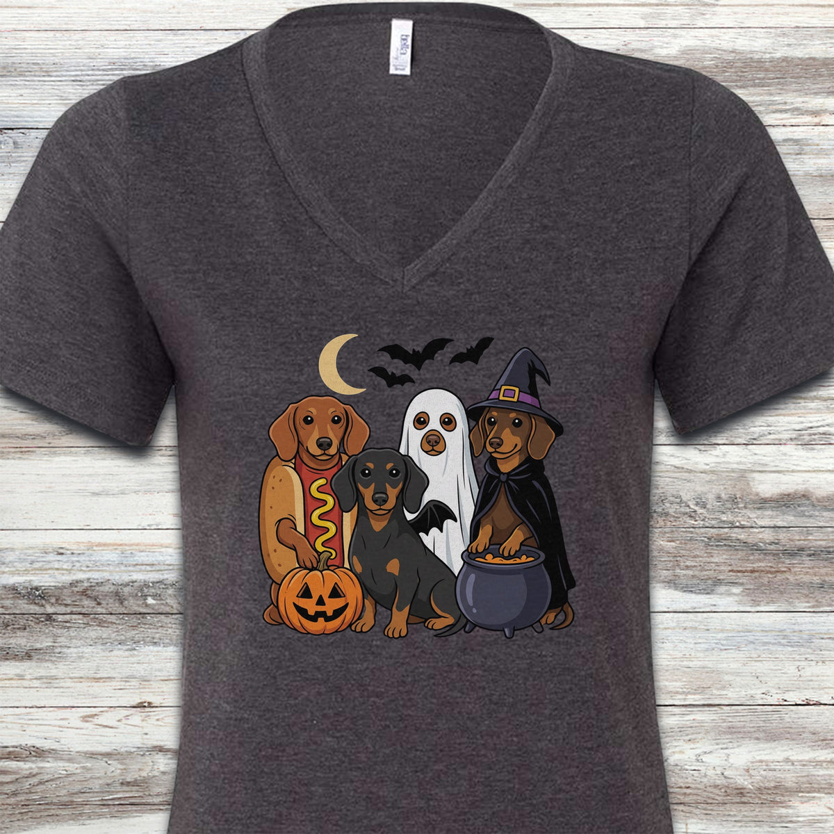 Dachshund Halloween V-Neck Tee - Dark Grey Heather