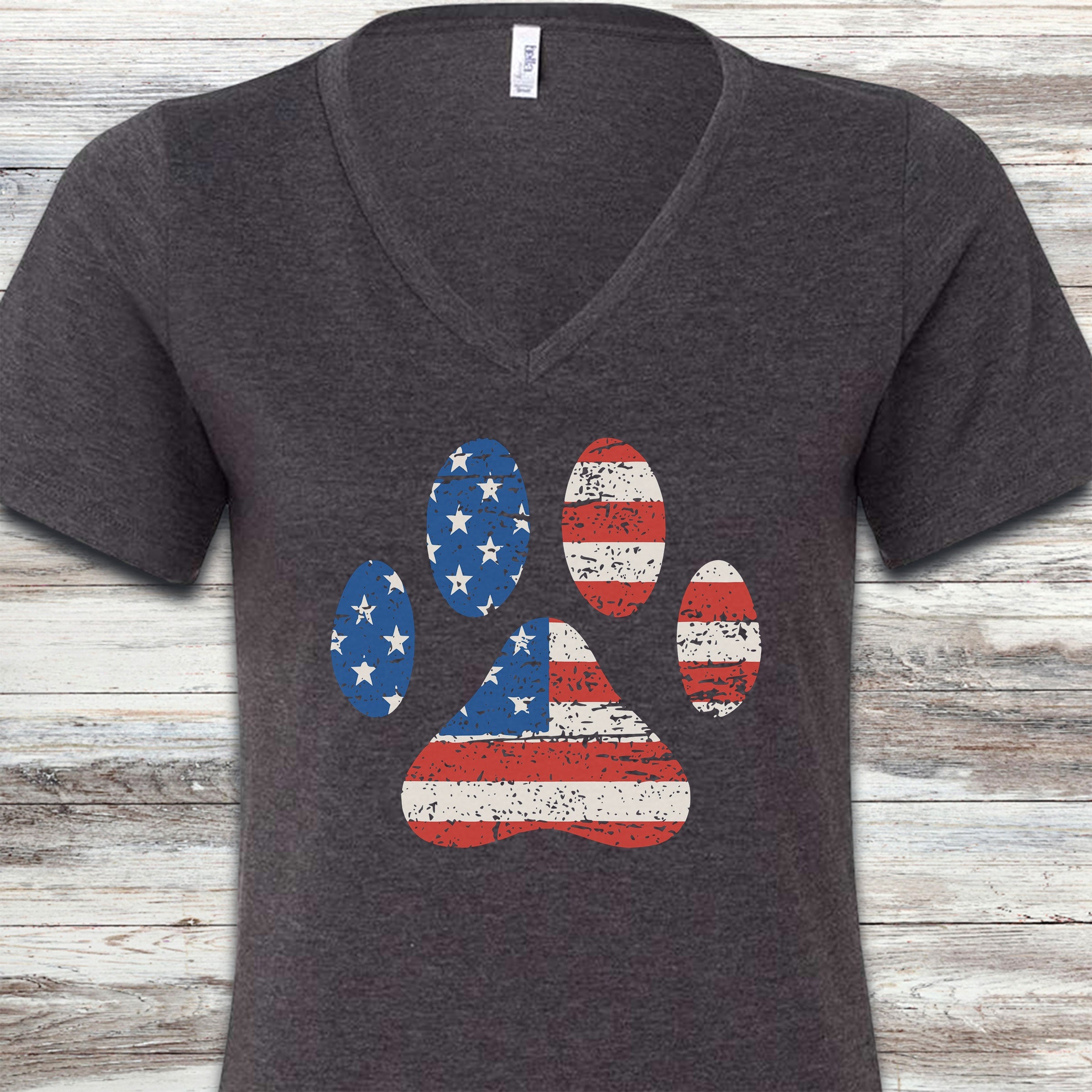 Stars & Stripes Paw Print V-Neck Tee - Dark Grey Heather