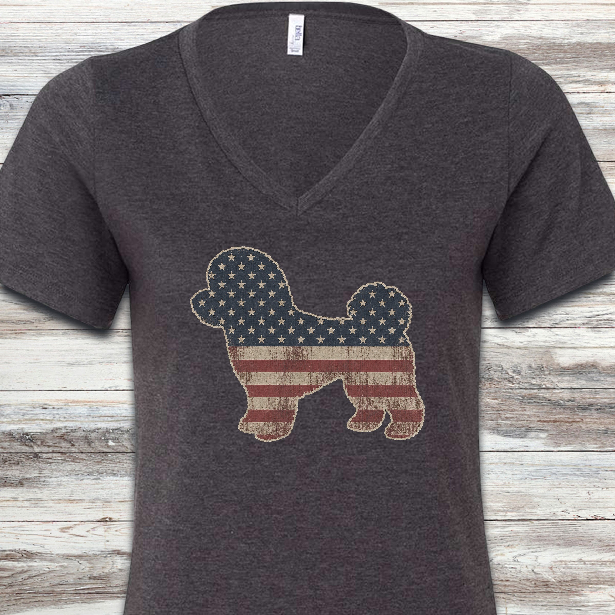Bichon Frise Vintage USA V-Neck Tee - Dark Grey Heather