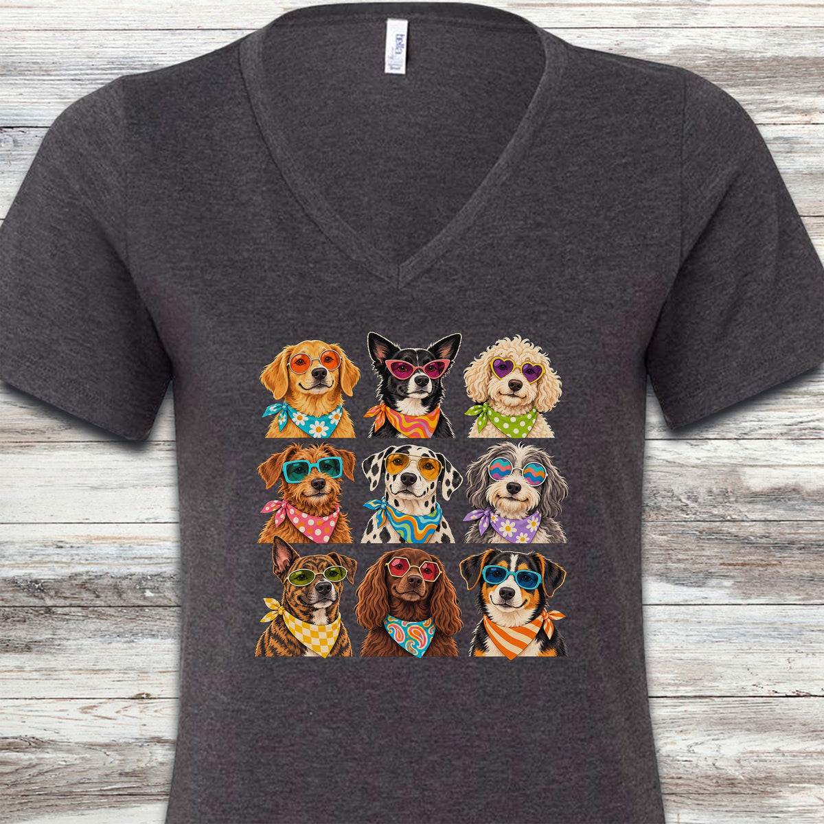 Groovy Dogs Grid V-Neck Tee - Dark Grey Heather