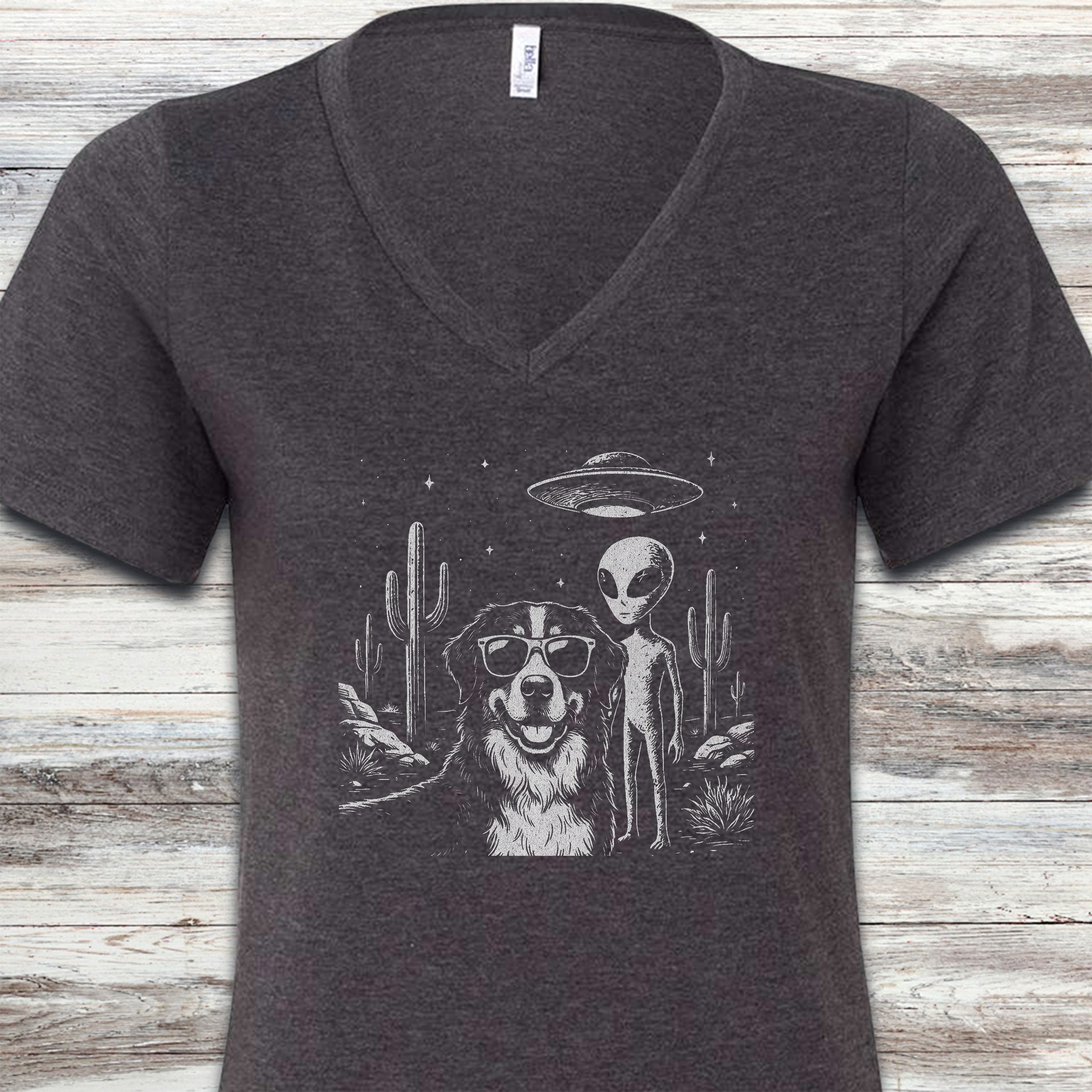 Bernese Mountain Dog Alien Selfie V-Neck Tee - Dark Grey Heather