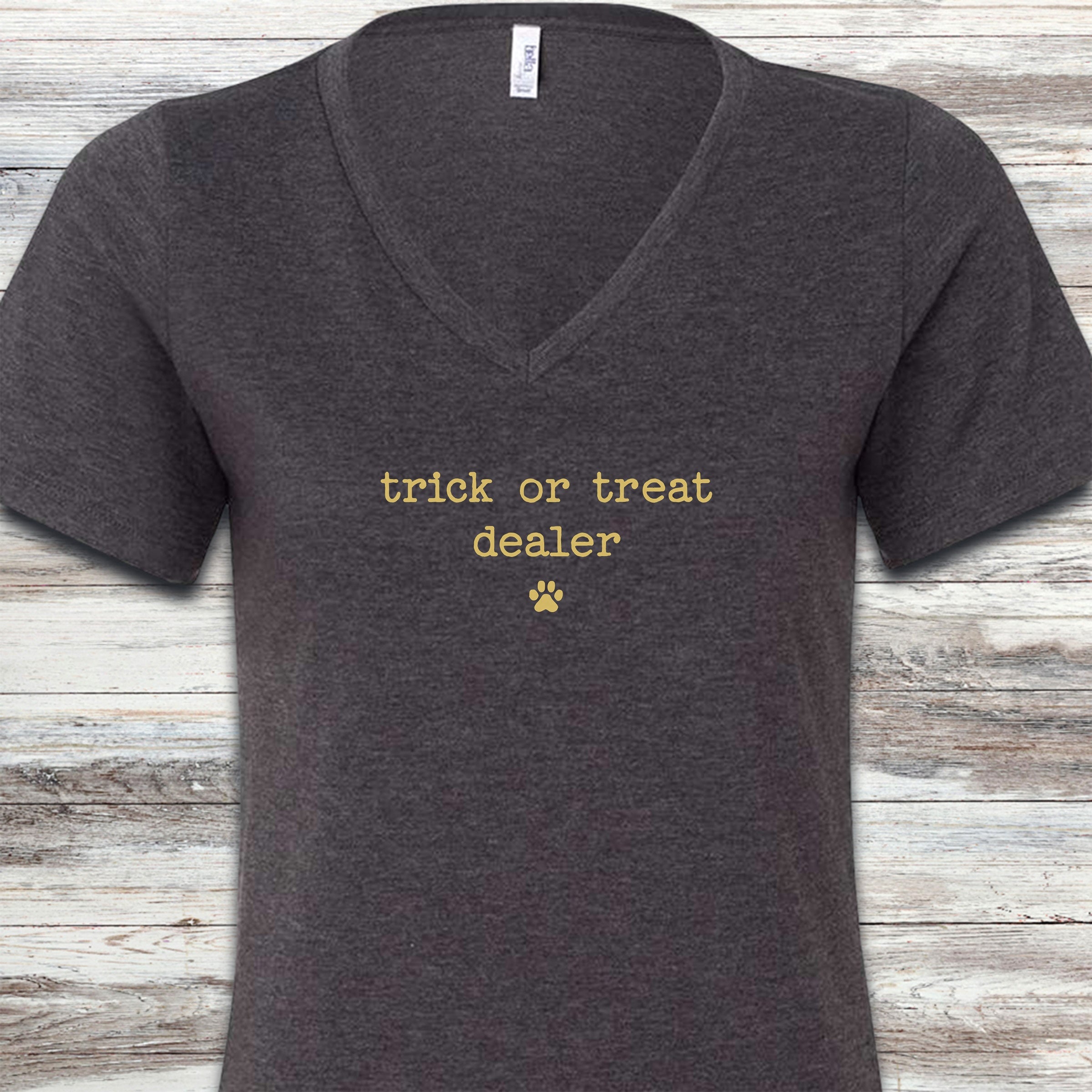 Vintage Trick or Treat Dealer V-Neck Tee - Dark Grey Heather