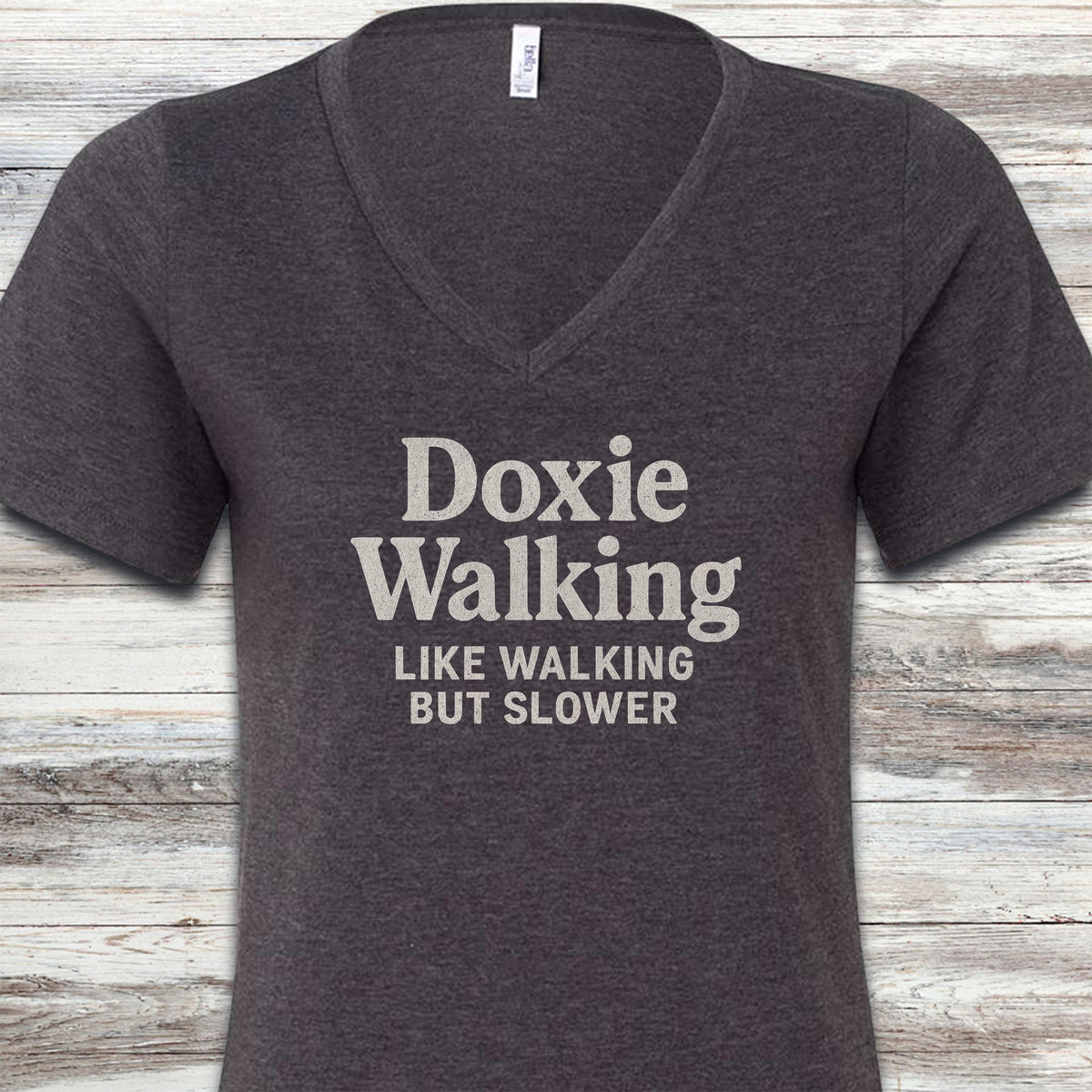 Dachshund Doxie Walking V-Neck Tee - Dark Grey Heather