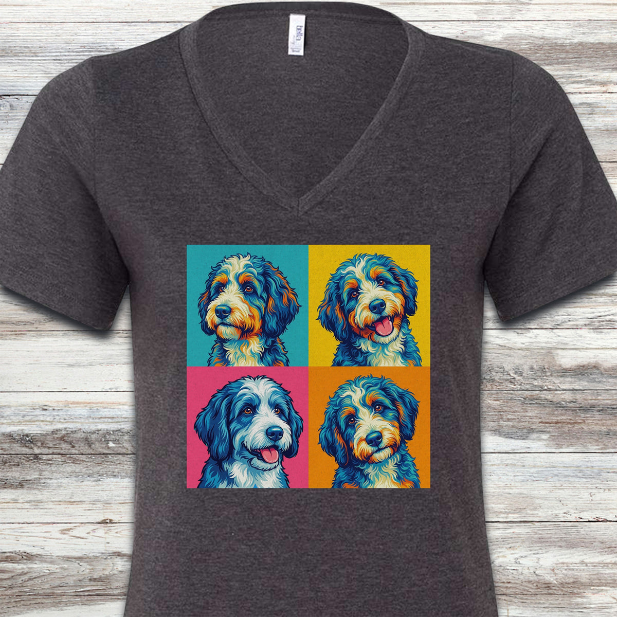 Bernedoodle Pop Art V-Neck Tee - Dark Grey Heather