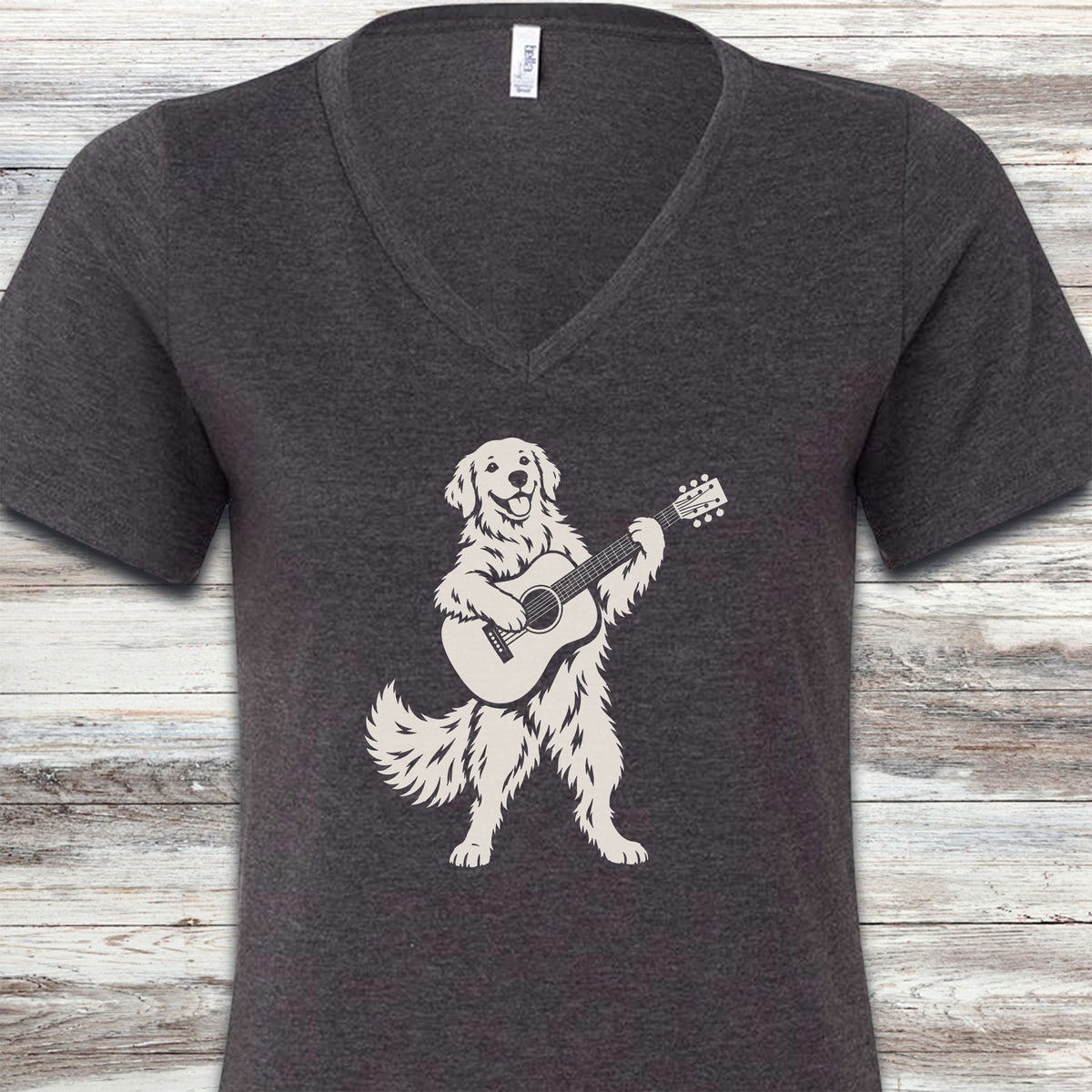 Golden Retriever Guitar V-Neck Tee - Dark Grey Heather