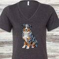 Australian Shepherd Merle Watercolor V-Neck Tee - Dark Grey Heather